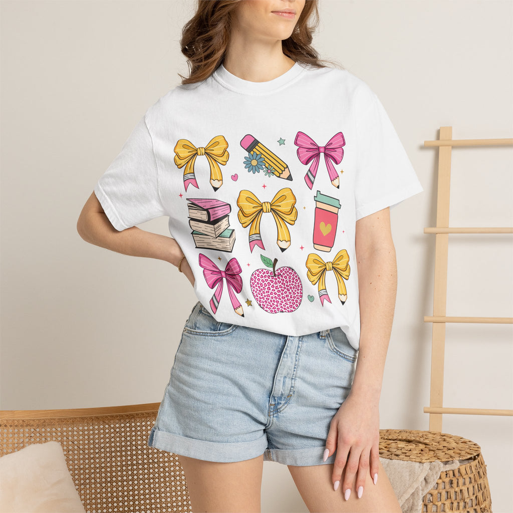 Teacher Gift T-Shirt — Cute Bows, Apple & School Icons Design