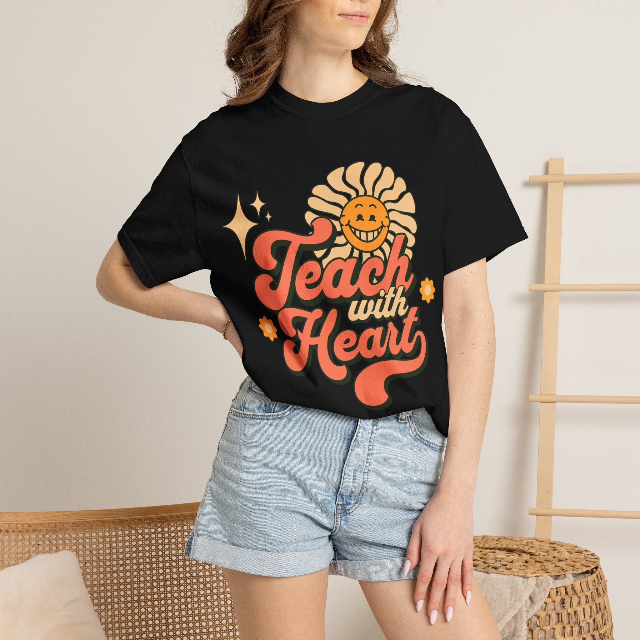 Teach With Heart T-Shirt — Retro Sunflower Teacher Tee