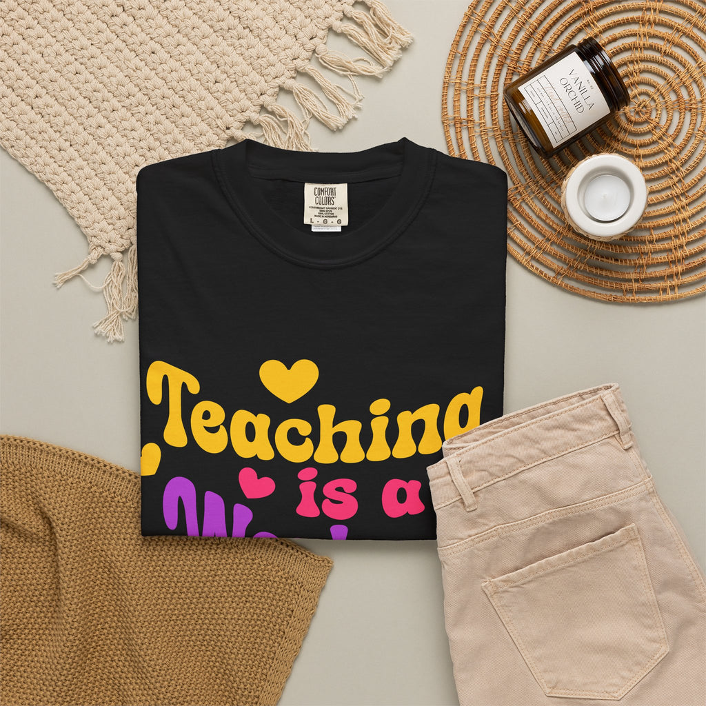Teacher T-Shirt — "Teaching Is a Work of Heart" Retro Heart Graphic