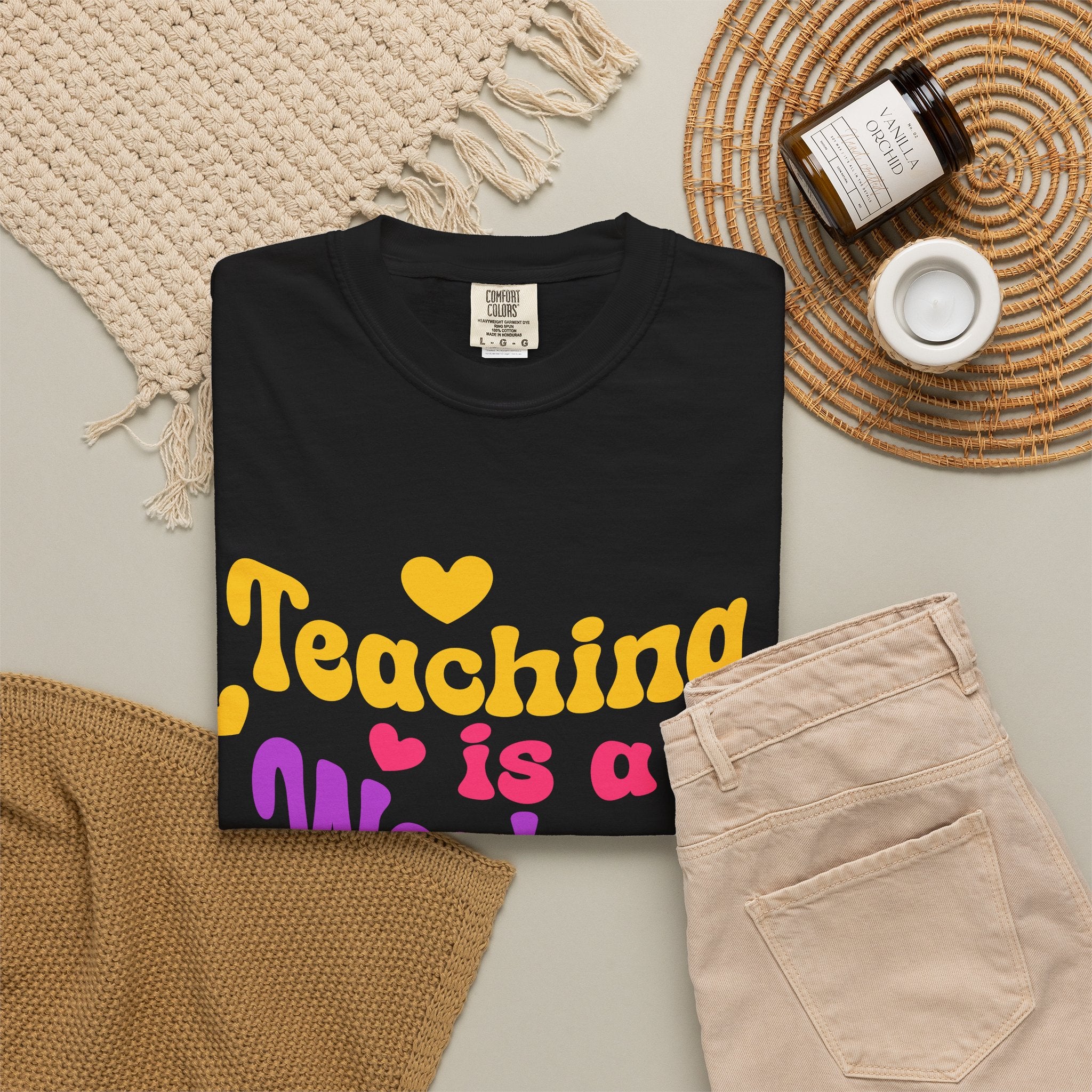 Teacher T-Shirt — "Teaching Is a Work of Heart" Retro Heart Graphic