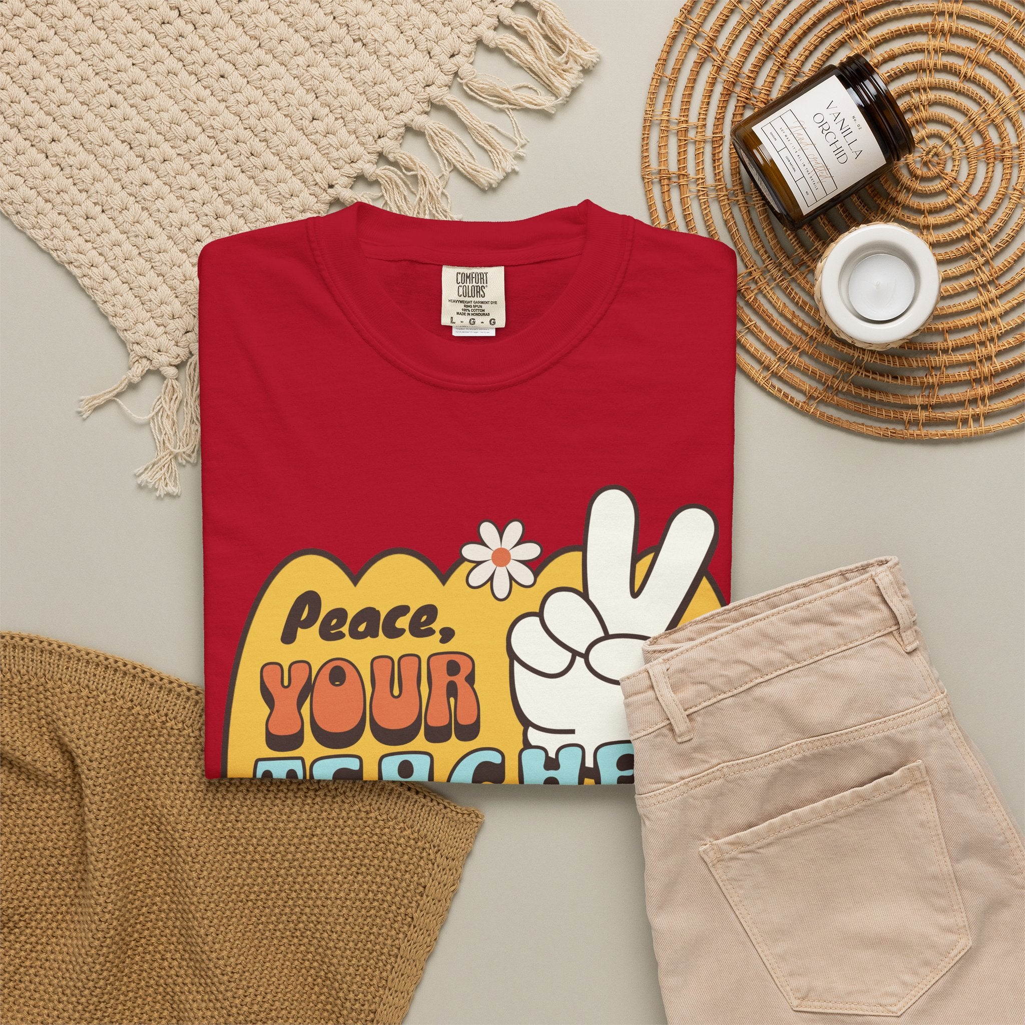 Peace, Your Teacher Is Here T-Shirt — Retro Peace Sign Teacher Appreciation Tee