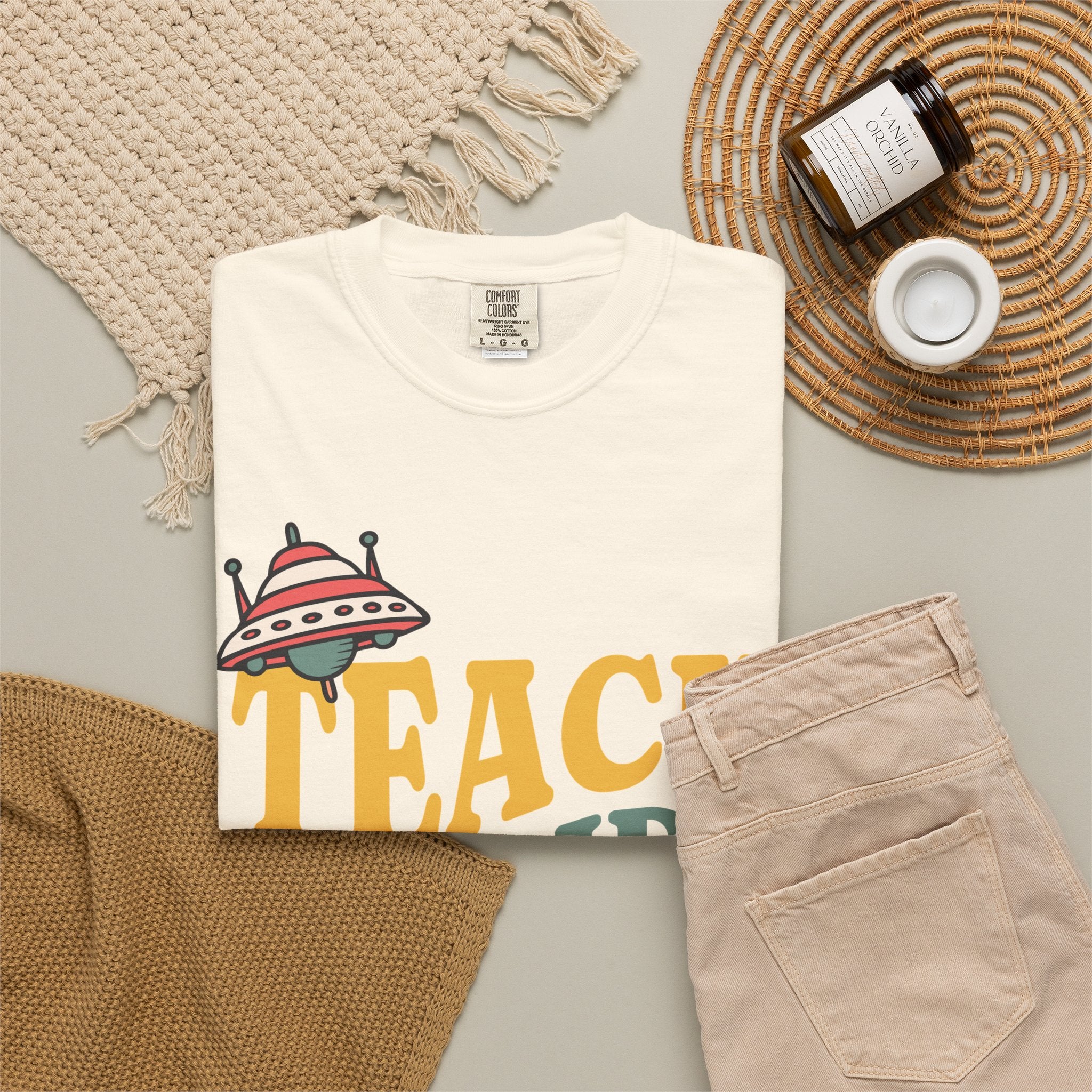 Teach Inspire Repeat T-Shirt — Retro Teacher Tee with Space Icons