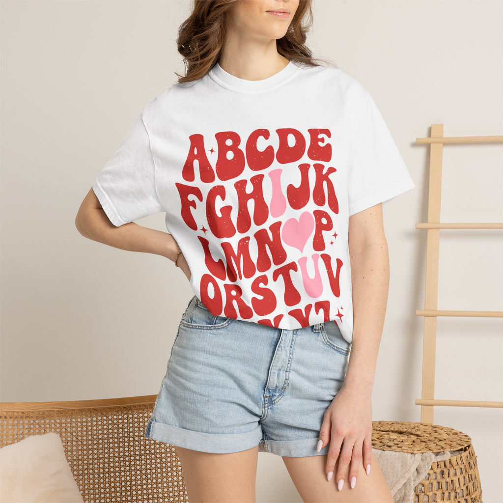 Retro Alphabet Heart T-Shirt — Funky Vintage ABC Graphic Tee