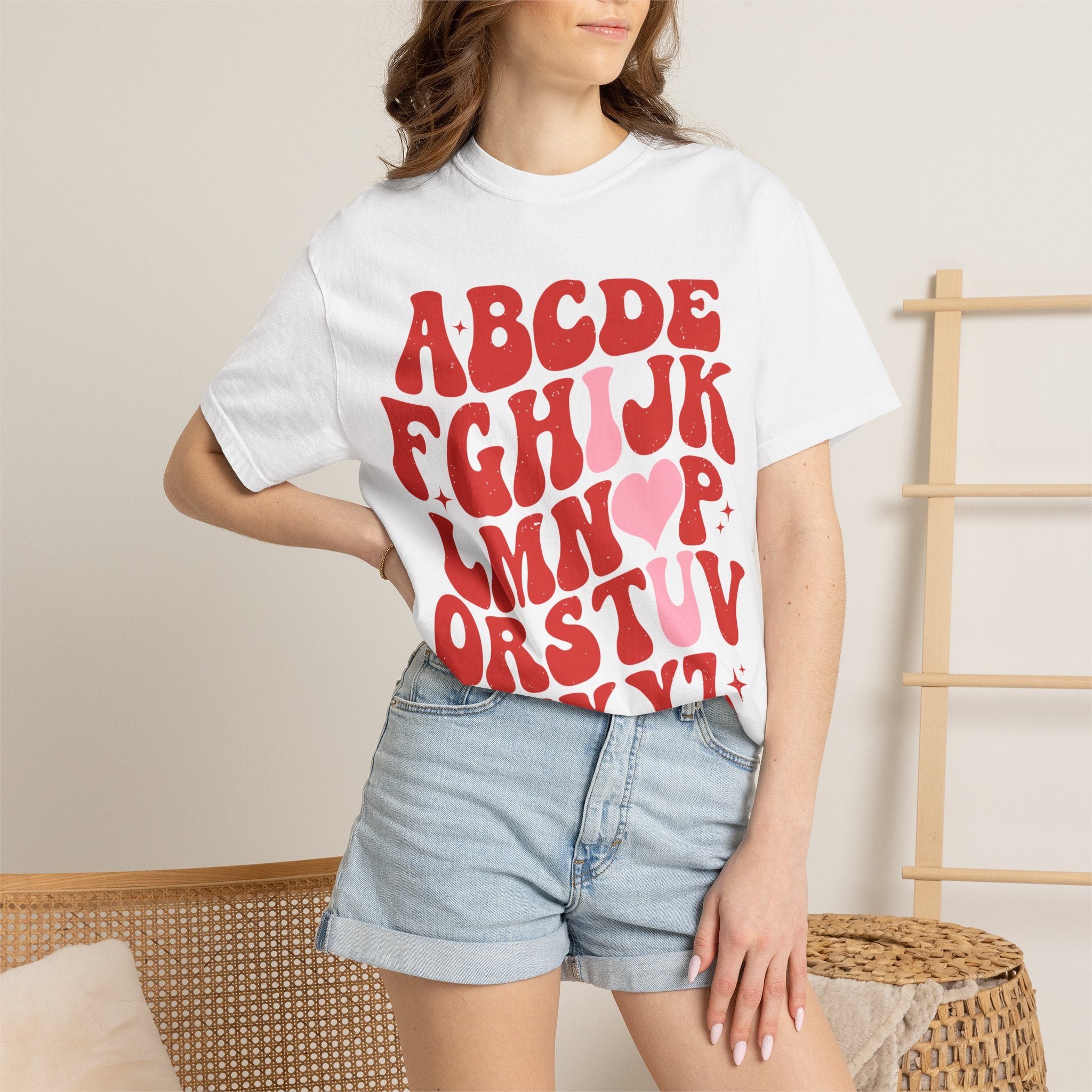 Retro Alphabet Heart T-Shirt — Funky Vintage ABC Graphic Tee