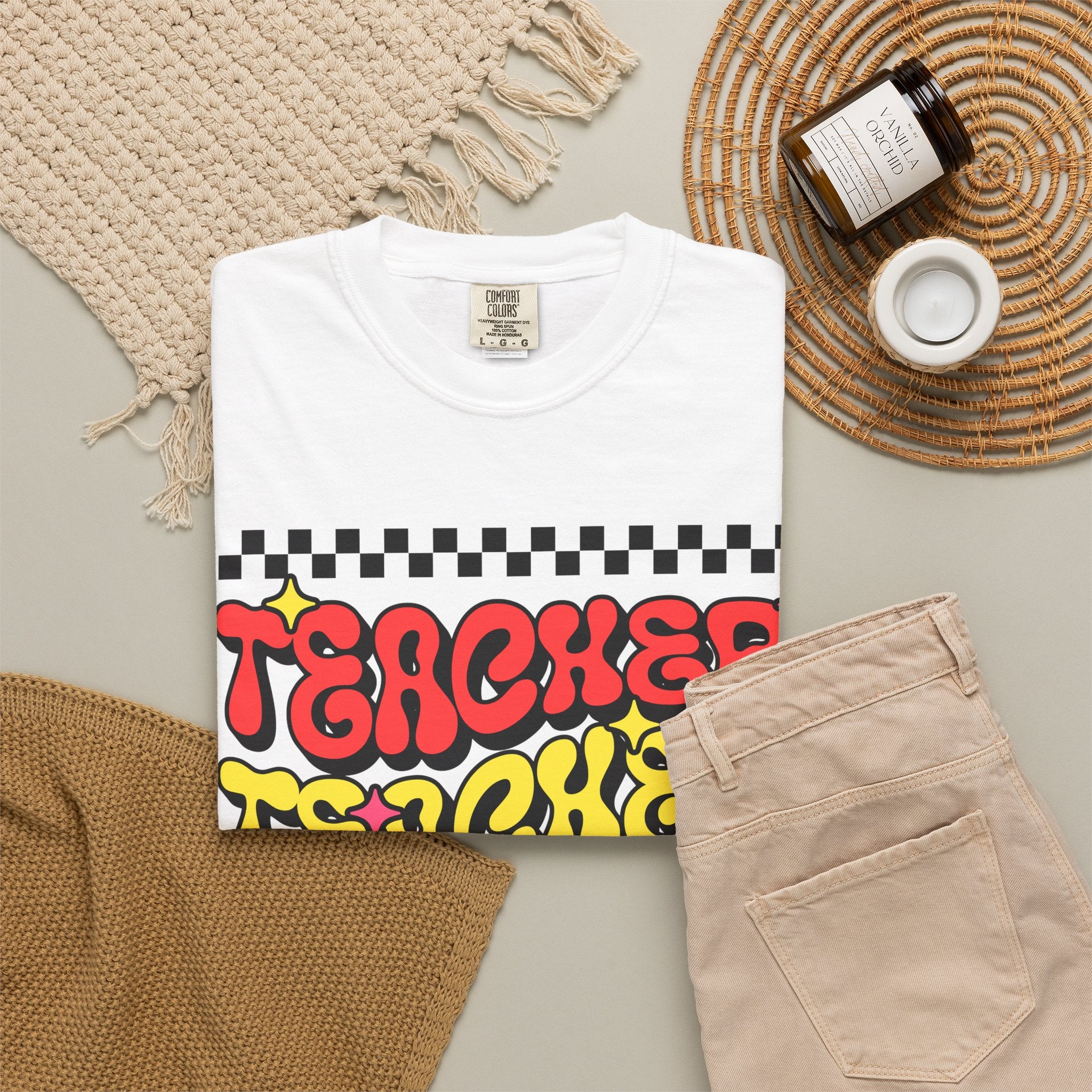 Teacher Retro Graphic T-Shirt — Psychedelic Checkerboard Design