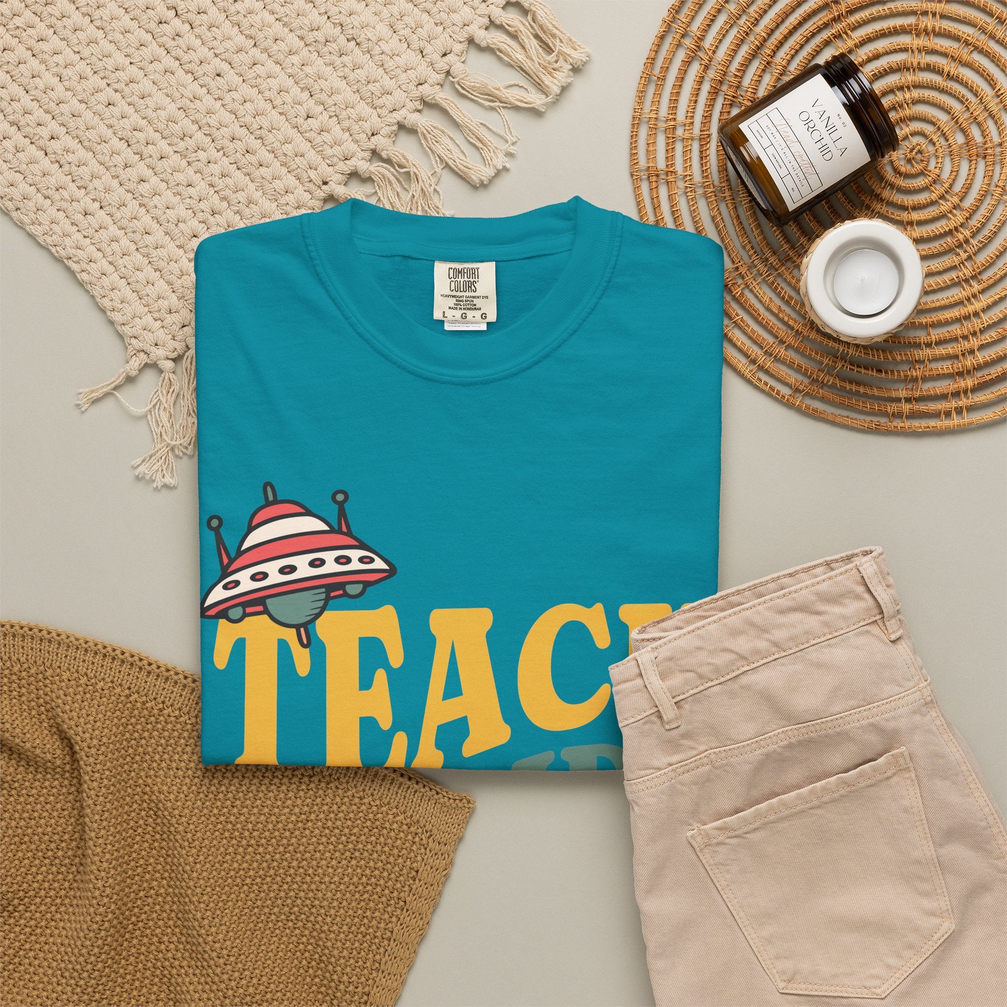Teach Inspire Repeat T-Shirt — Retro Teacher Tee with Space Icons