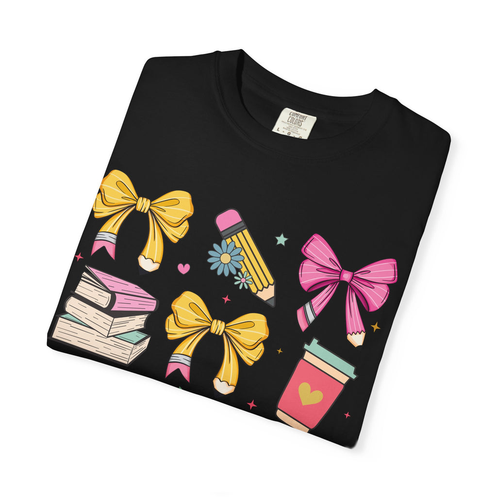 Teacher Gift T-Shirt — Cute Bows, Apple & School Icons Design