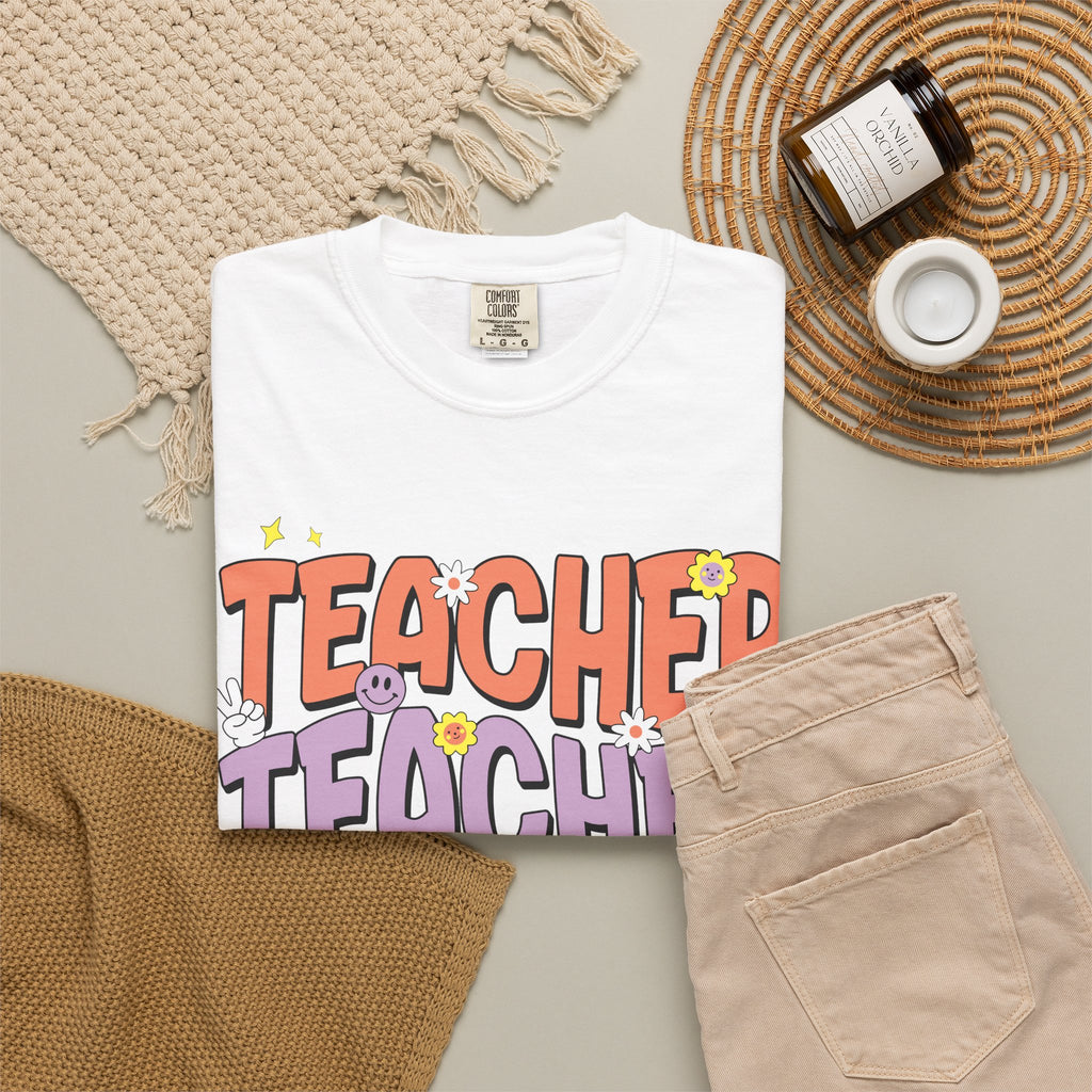 Teacher Retro Bubble Letter T-Shirt — Colorful Fun School Gift