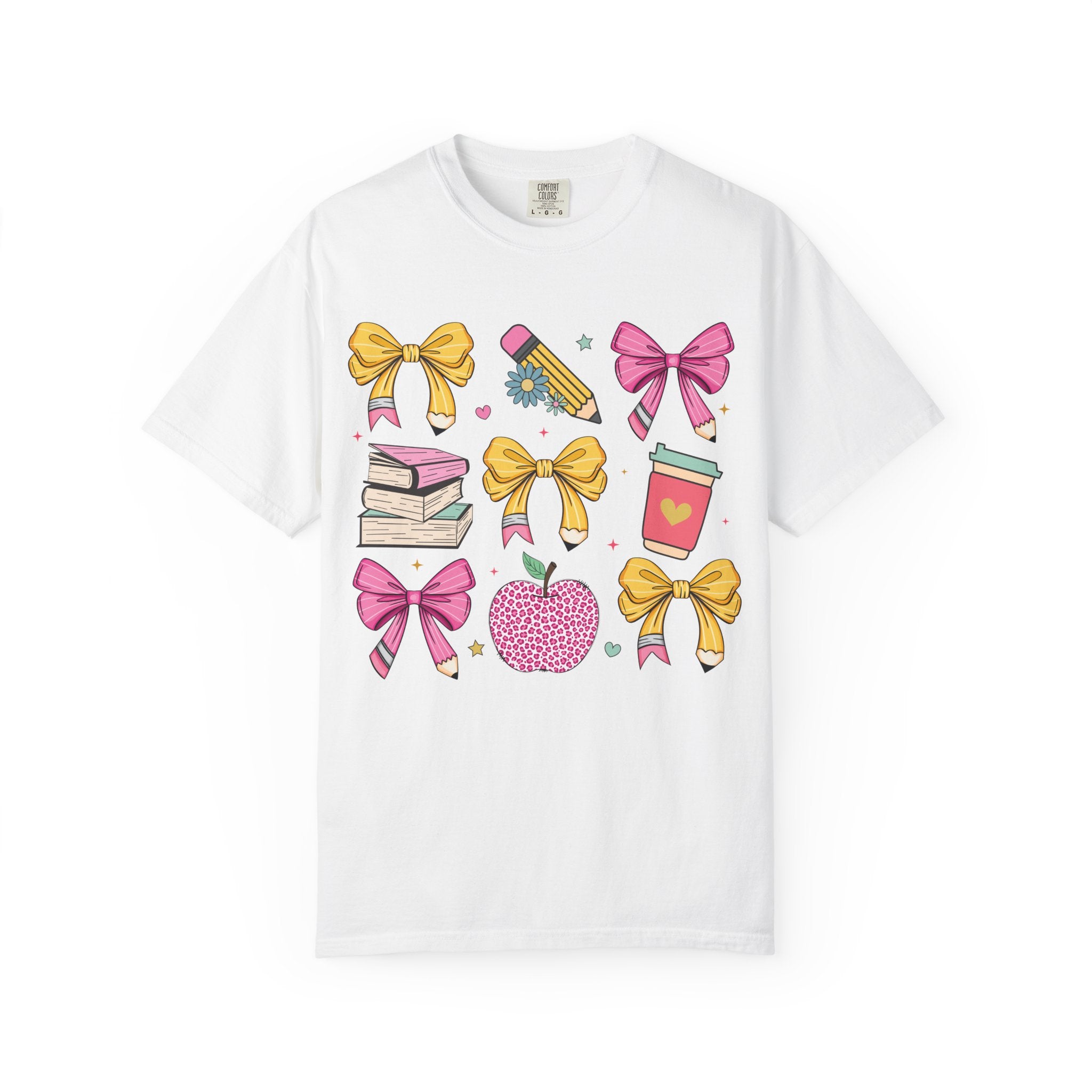 Teacher Gift T-Shirt — Cute Bows, Apple & School Icons Design