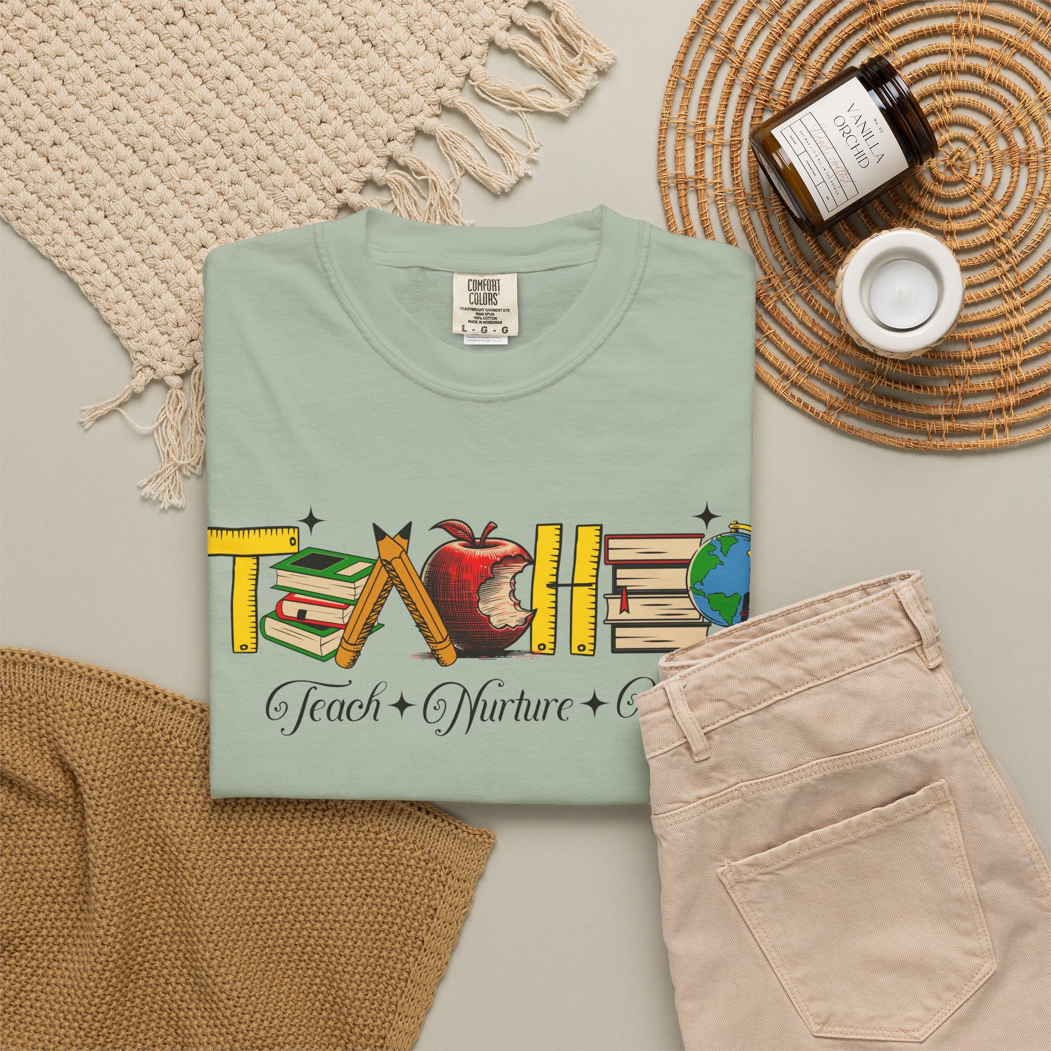 Teacher Graphic T-Shirt – "Teach, Coach, Nurture, Inspire" School Apple & Globe Design