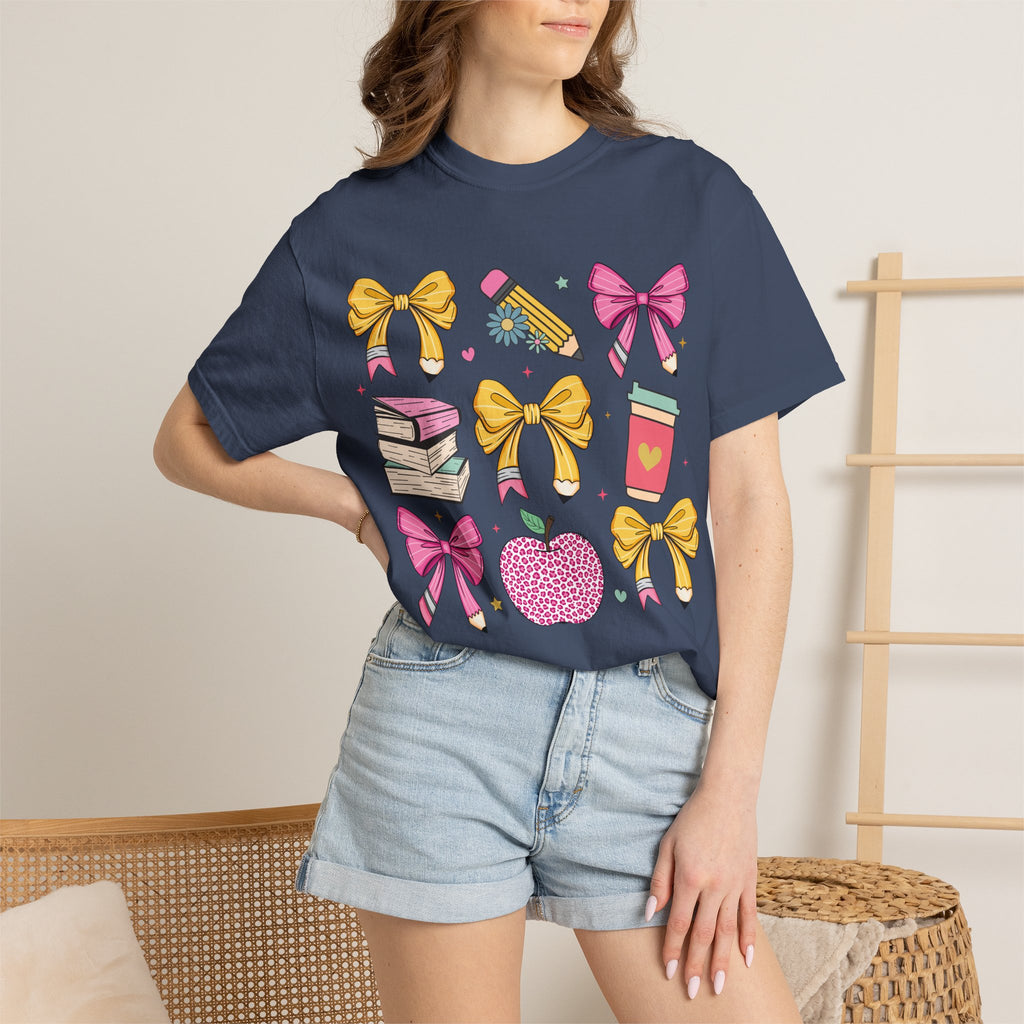 Teacher Gift T-Shirt — Cute Bows, Apple & School Icons Design