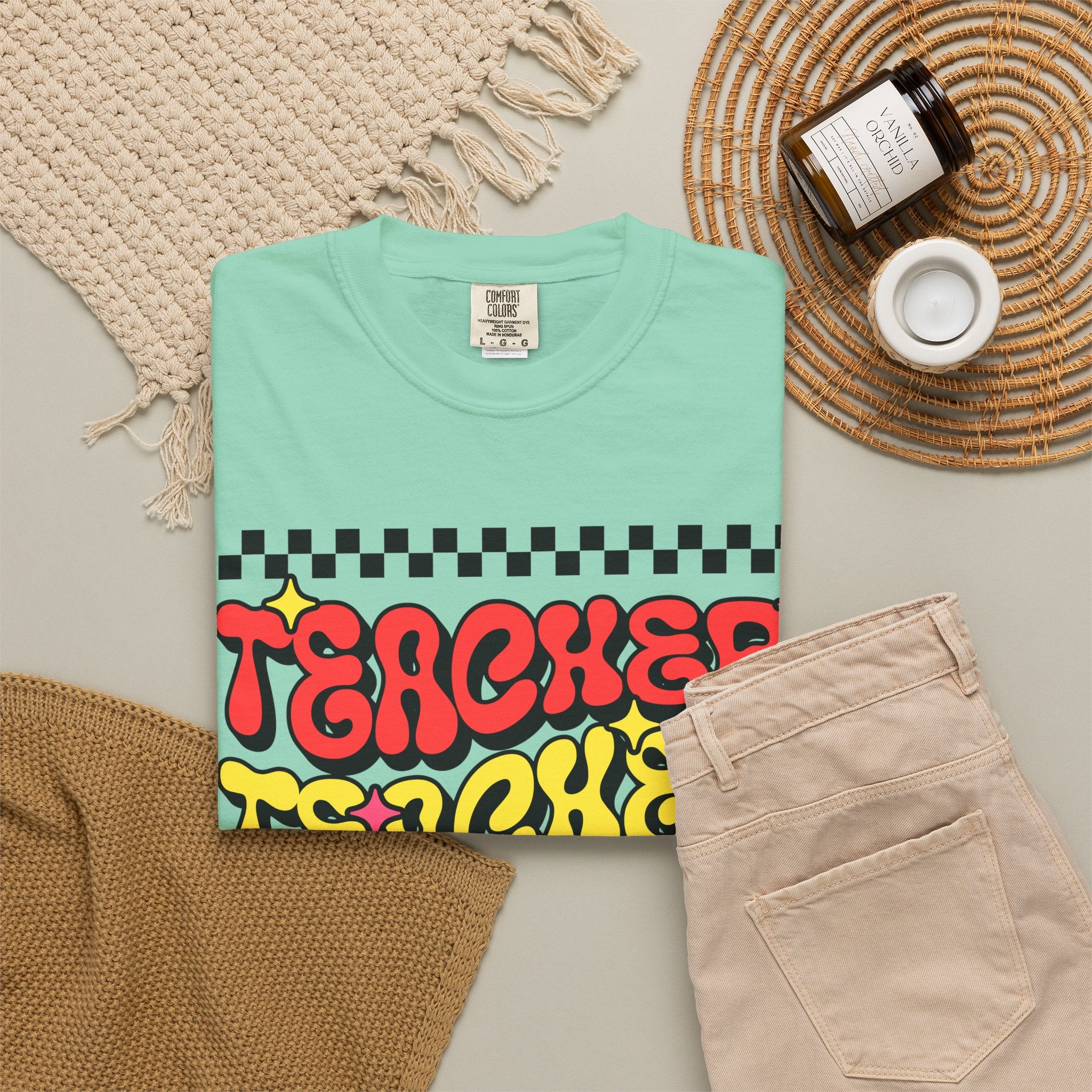 Teacher Retro Graphic T-Shirt — Psychedelic Checkerboard Design
