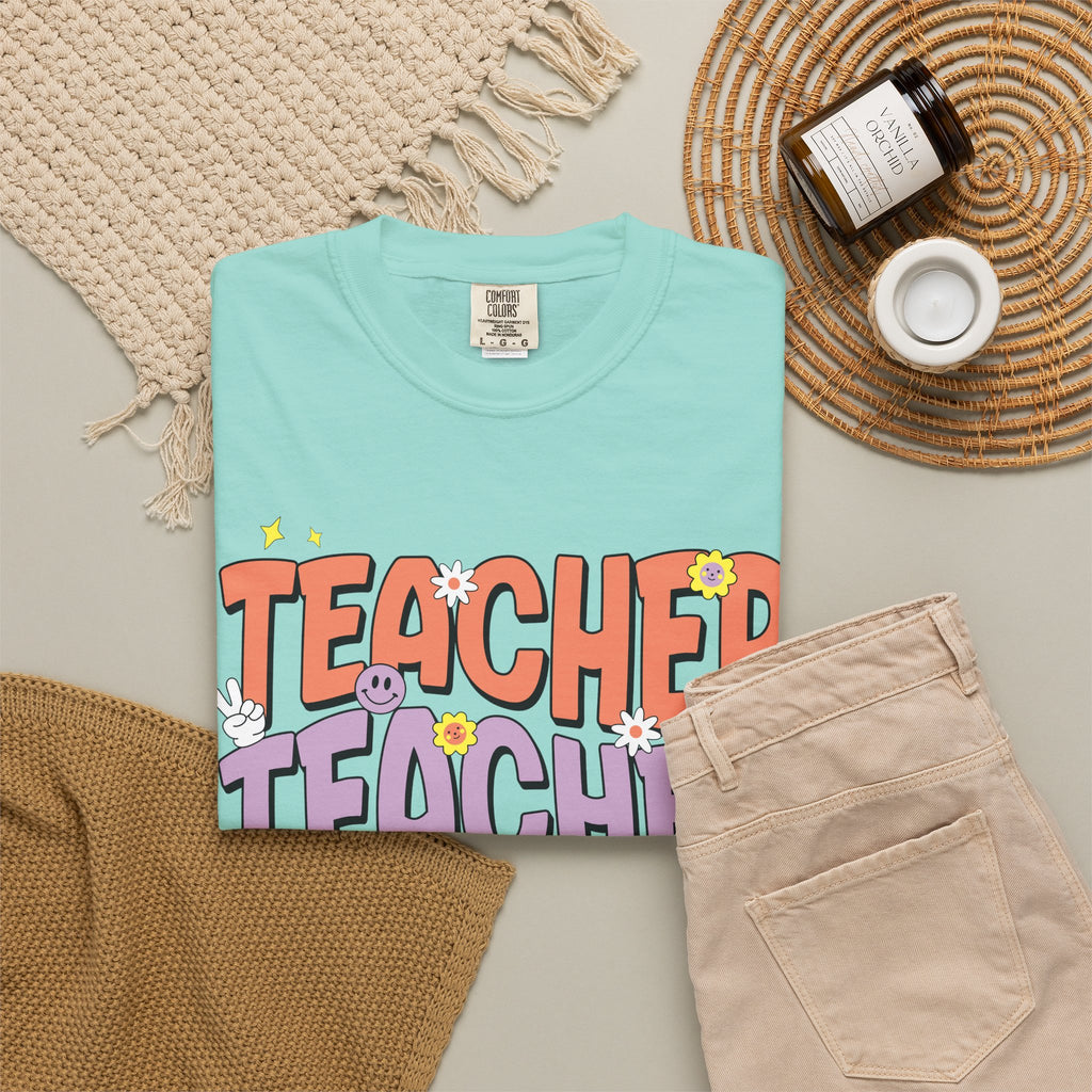 Teacher Retro Bubble Letter T-Shirt — Colorful Fun School Gift