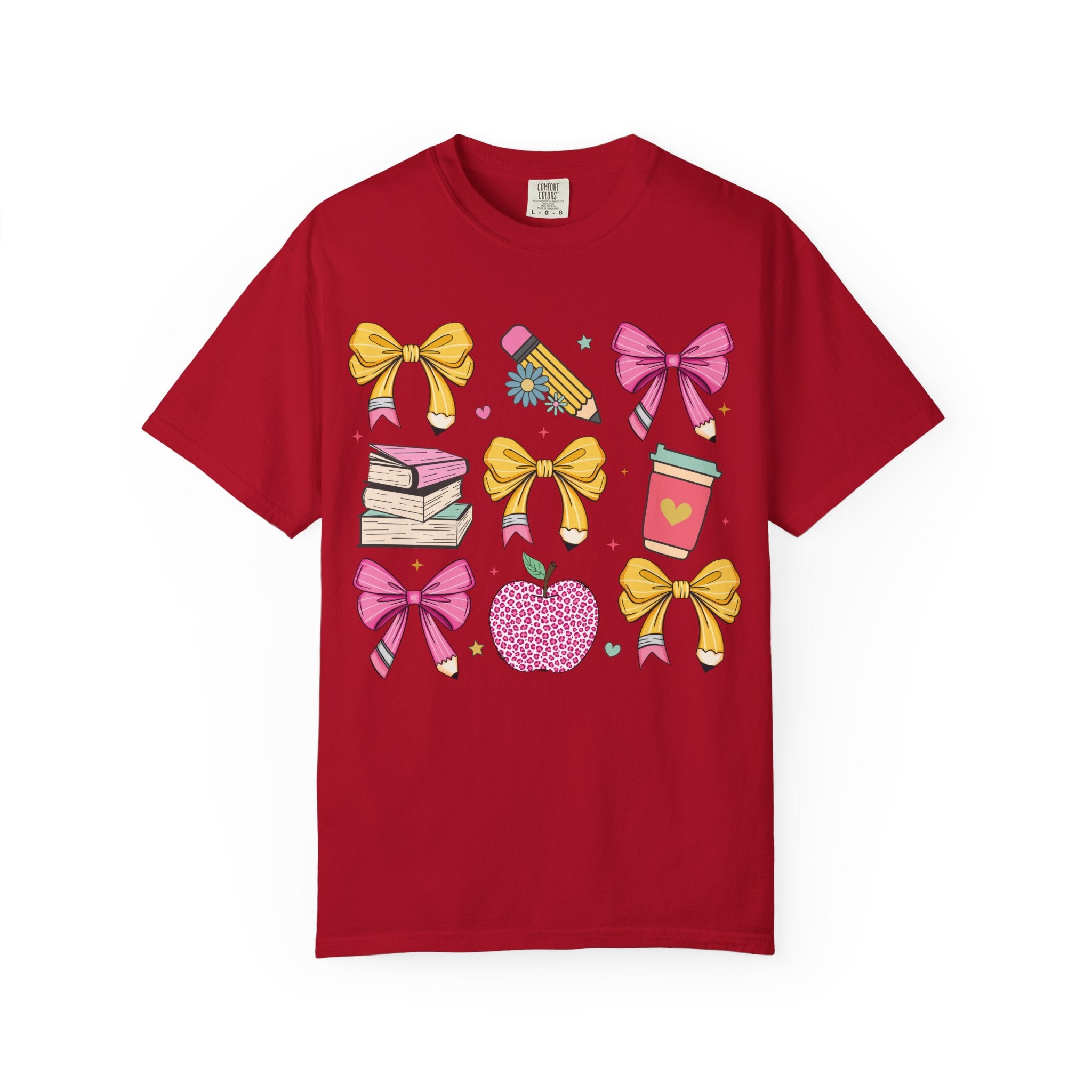 Teacher Gift T-Shirt — Cute Bows, Apple & School Icons Design