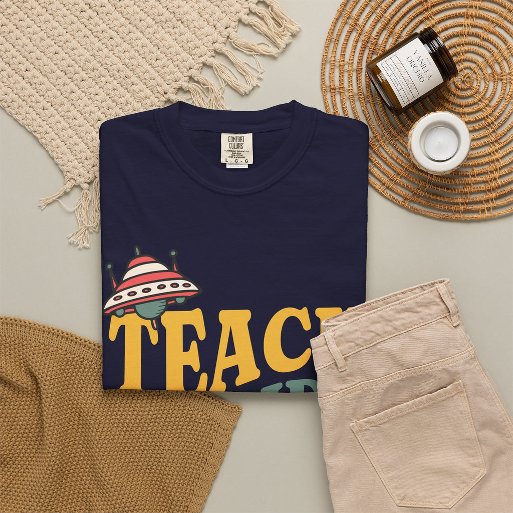 Teach Inspire Repeat T-Shirt — Retro Teacher Tee with Space Icons