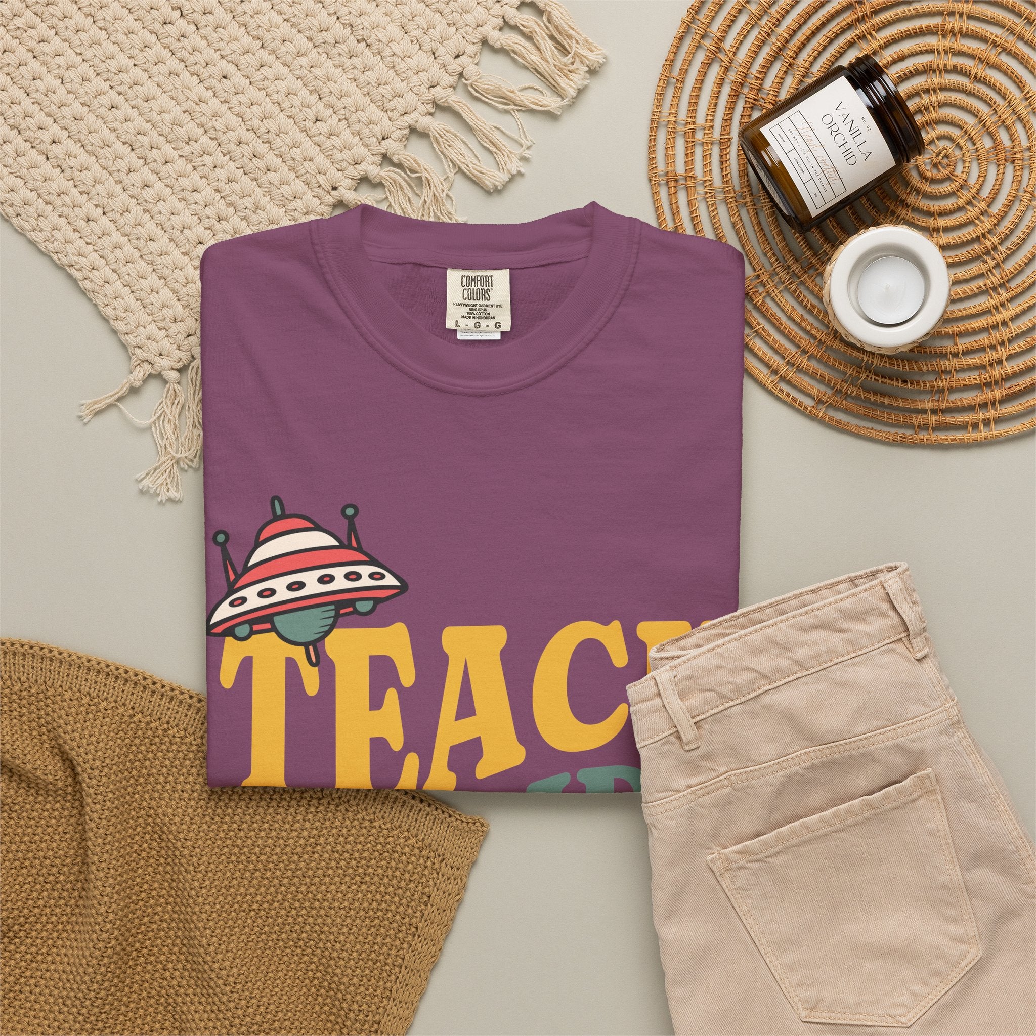 Teach Inspire Repeat T-Shirt — Retro Teacher Tee with Space Icons