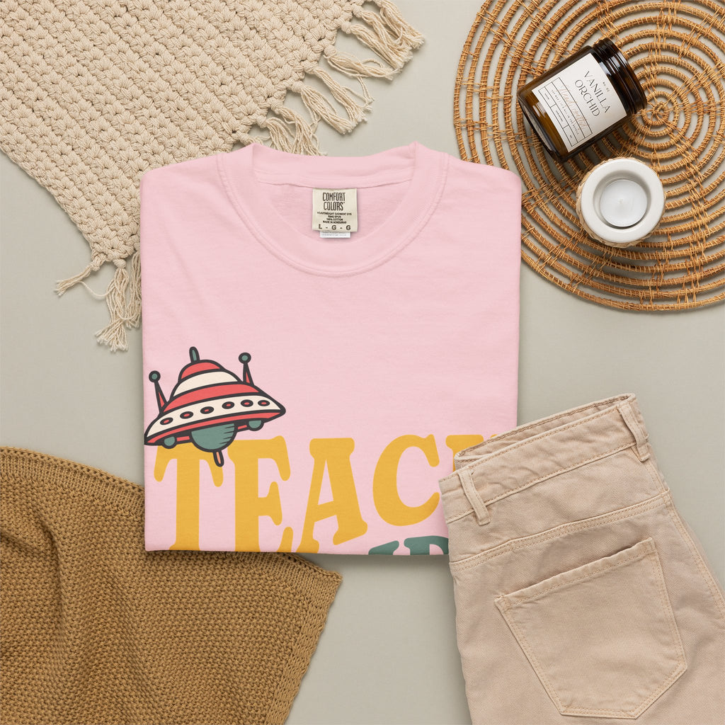 Teach Inspire Repeat T-Shirt — Retro Teacher Tee with Space Icons