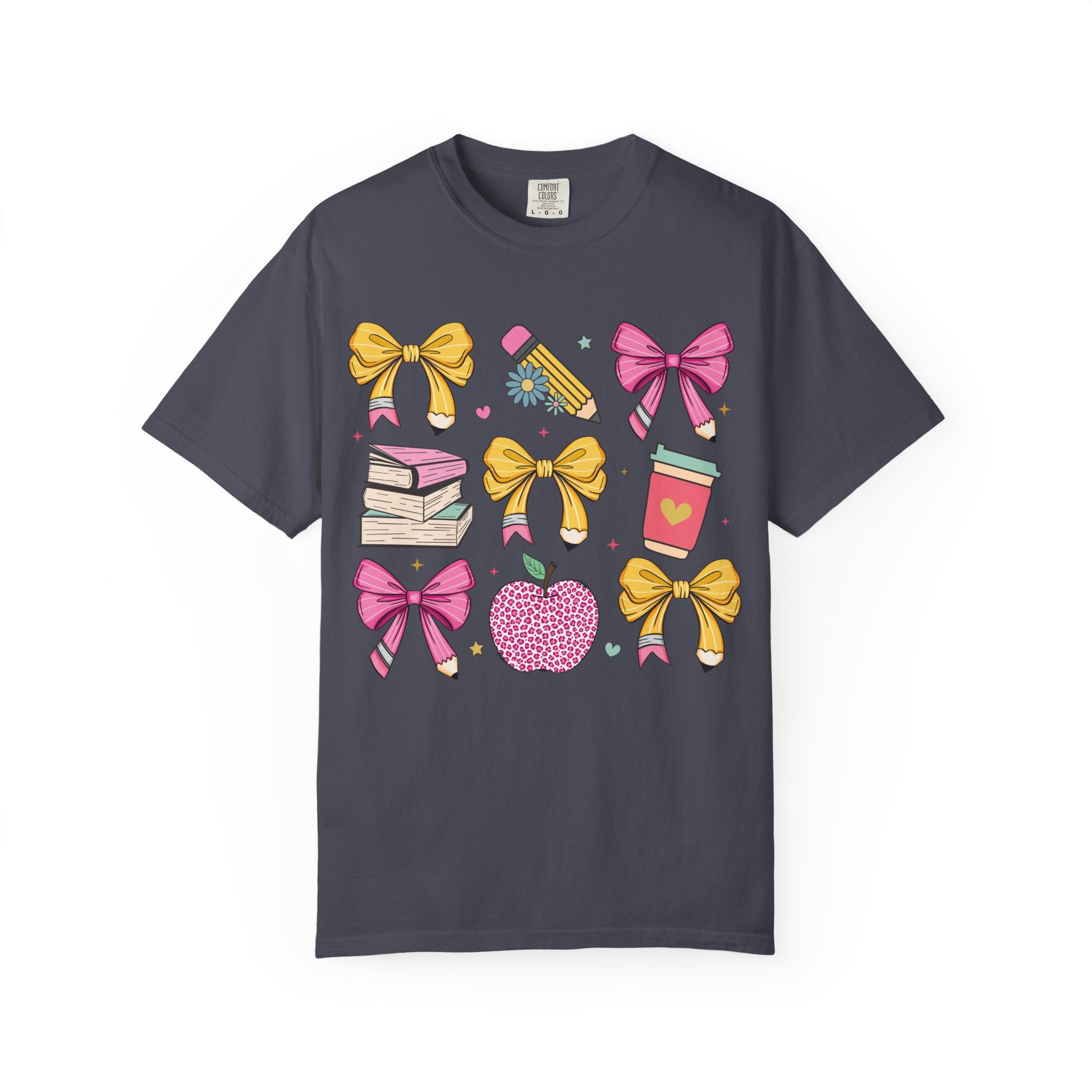 Teacher Gift T-Shirt — Cute Bows, Apple & School Icons Design