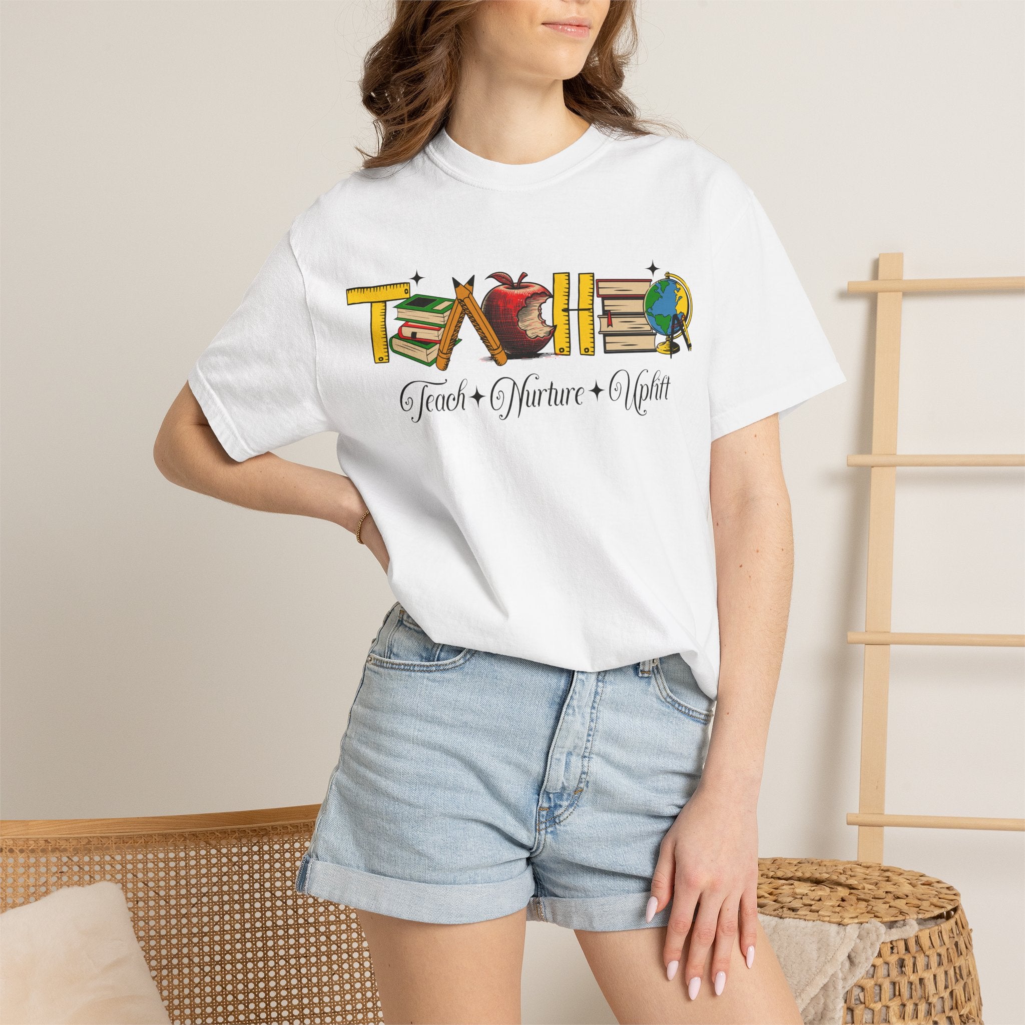 Teacher Graphic T-Shirt – "Teach, Coach, Nurture, Inspire" School Apple & Globe Design