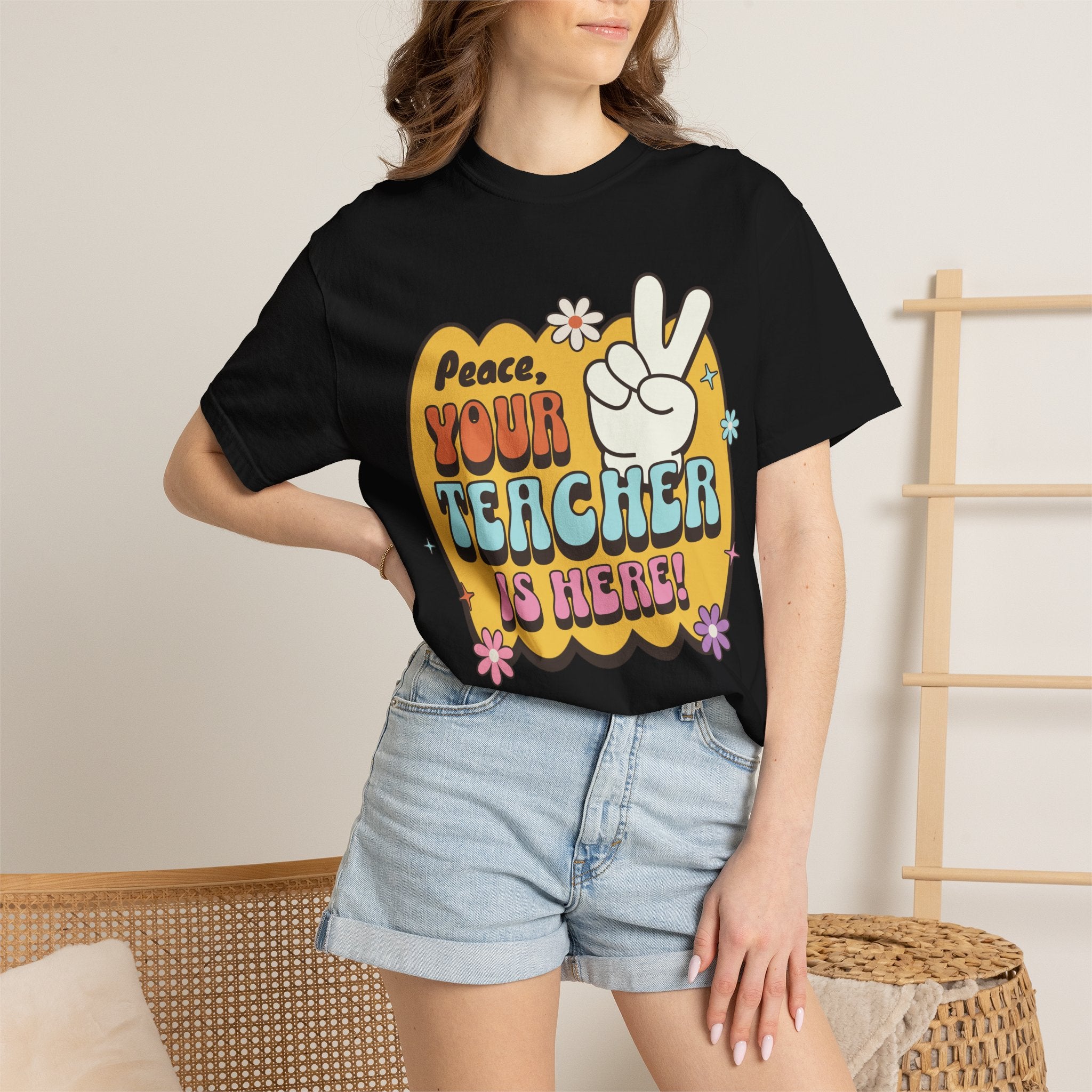 Peace, Your Teacher Is Here T-Shirt — Retro Peace Sign Teacher Appreciation Tee