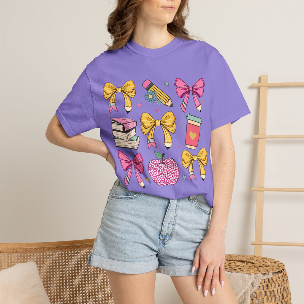 Teacher Gift T-Shirt — Cute Bows, Apple & School Icons Design