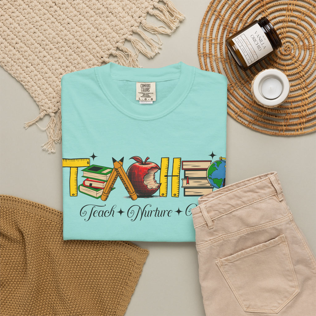 Teacher Graphic T-Shirt – "Teach, Coach, Nurture, Inspire" School Apple & Globe Design