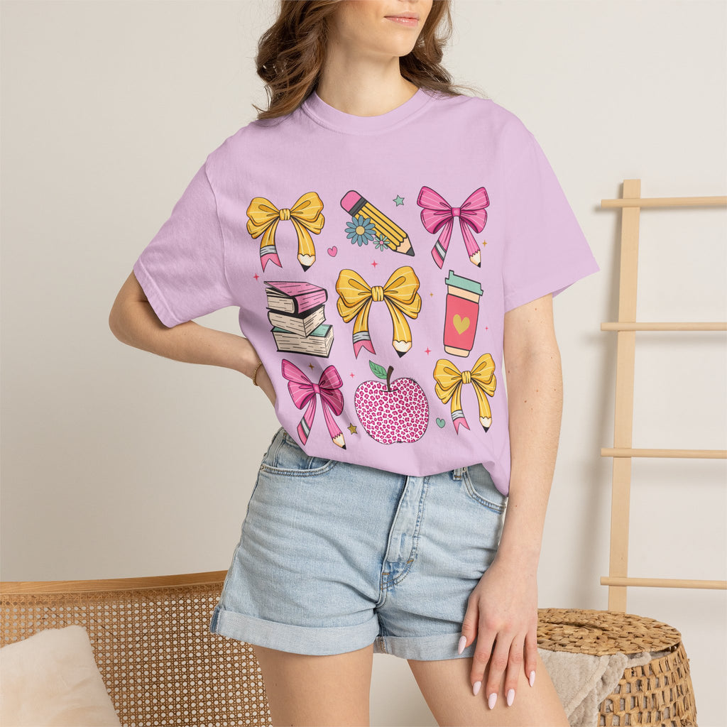 Teacher Gift T-Shirt — Cute Bows, Apple & School Icons Design