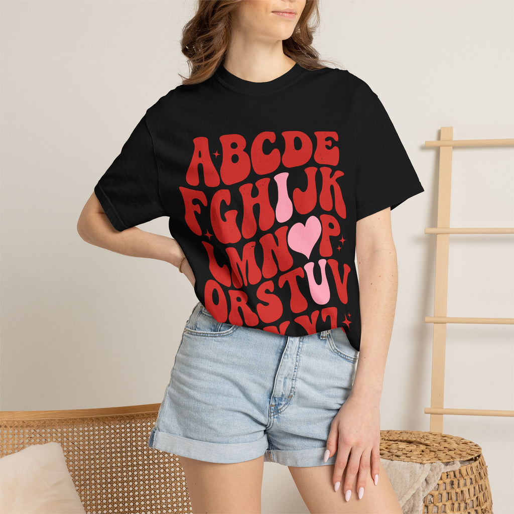 Retro Alphabet Heart T-Shirt — Funky Vintage ABC Graphic Tee