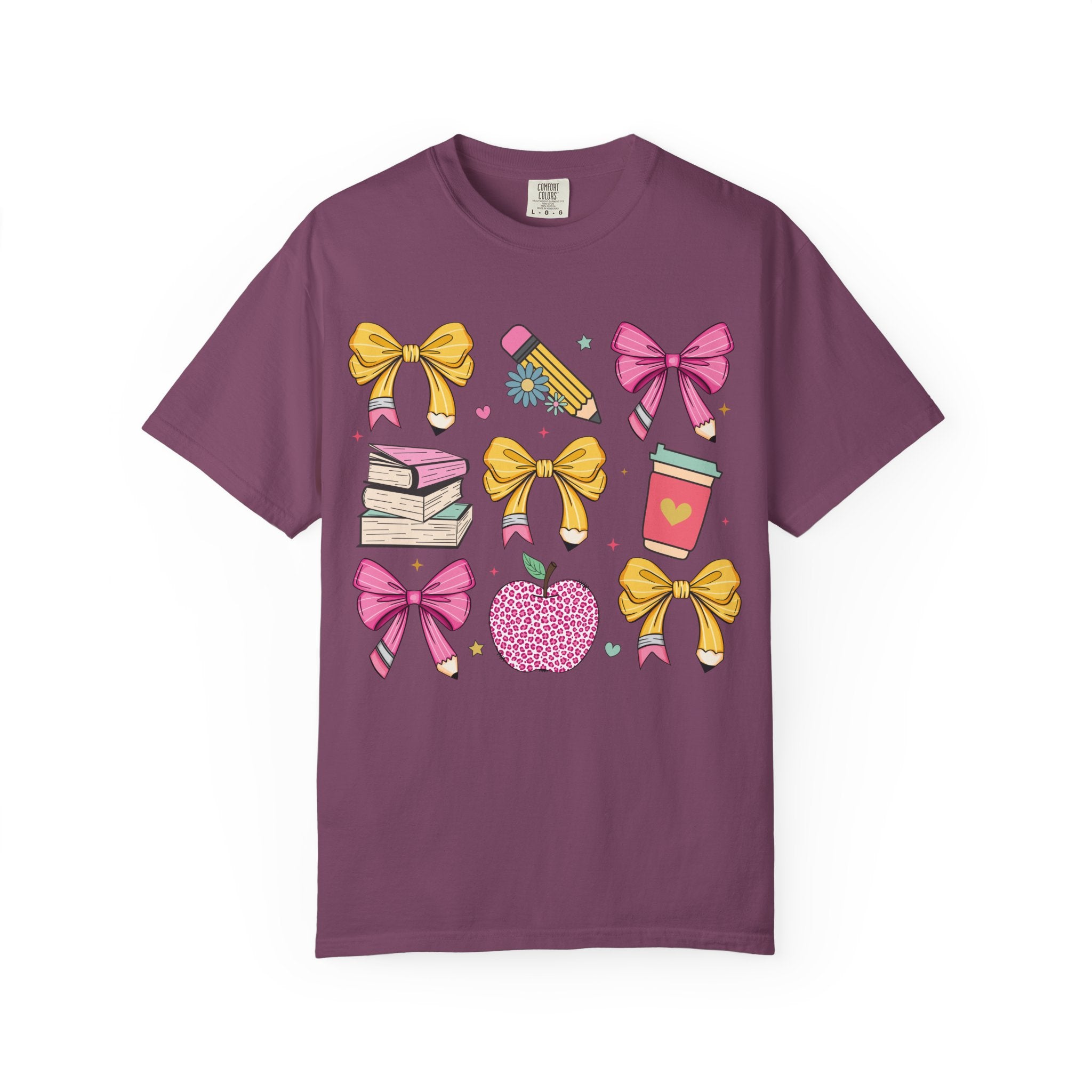 Teacher Gift T-Shirt — Cute Bows, Apple & School Icons Design