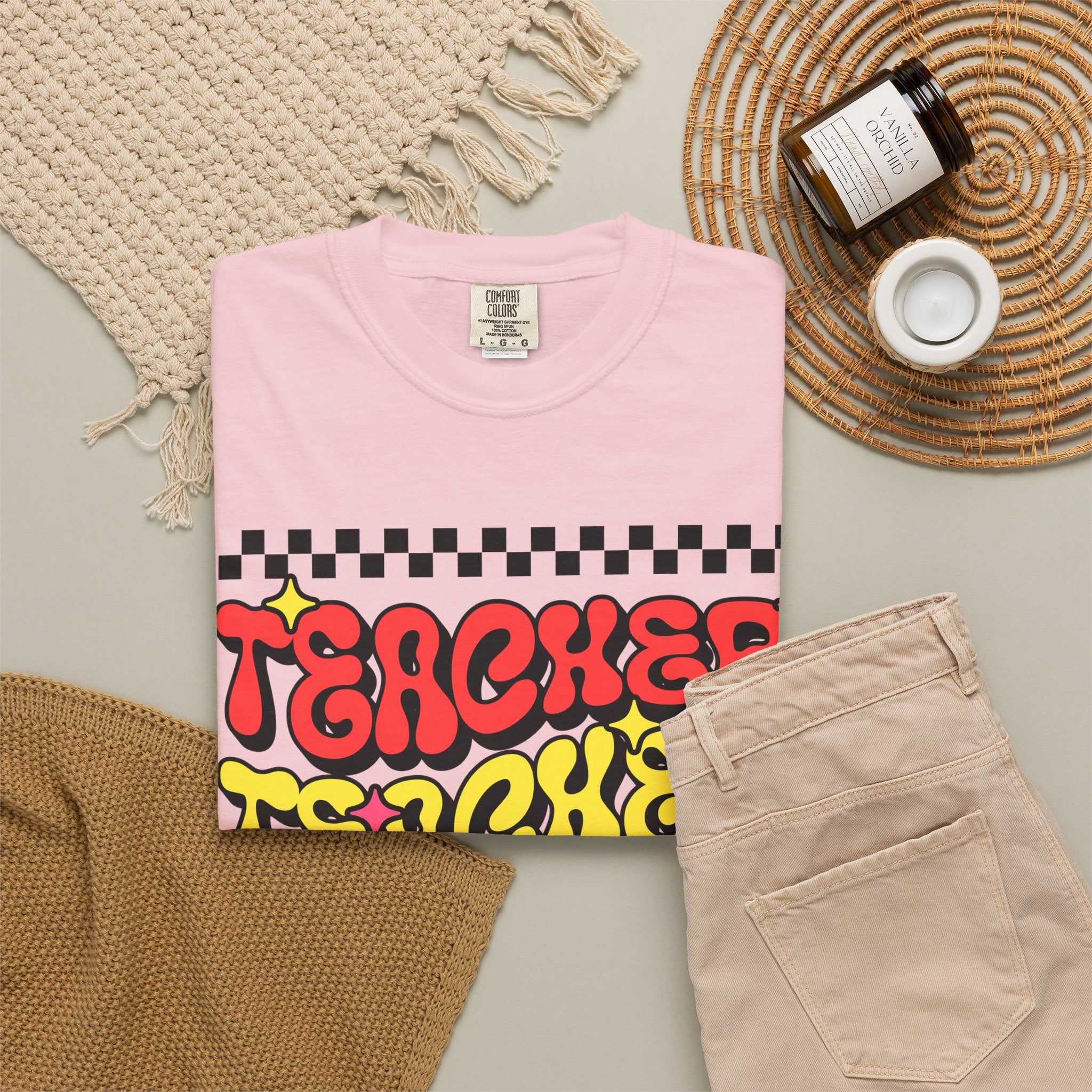 Teacher Retro Graphic T-Shirt — Psychedelic Checkerboard Design