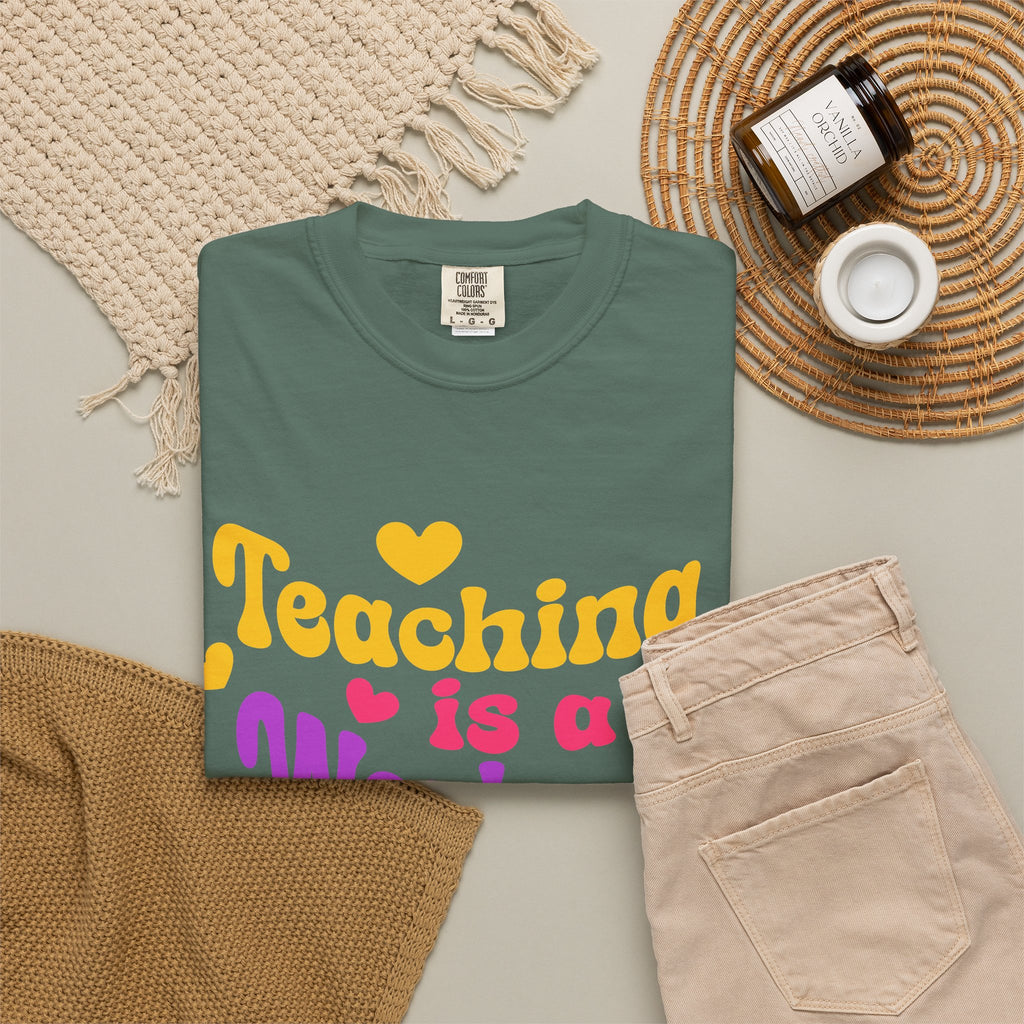 Teacher T-Shirt — "Teaching Is a Work of Heart" Retro Heart Graphic