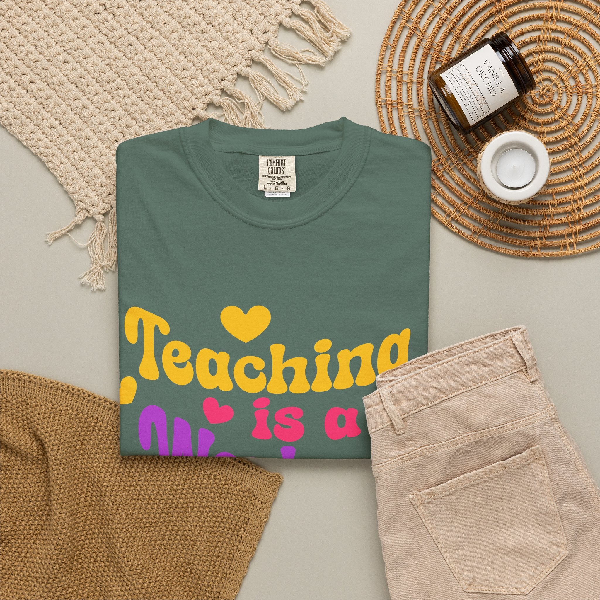 Teacher T-Shirt — "Teaching Is a Work of Heart" Retro Heart Graphic