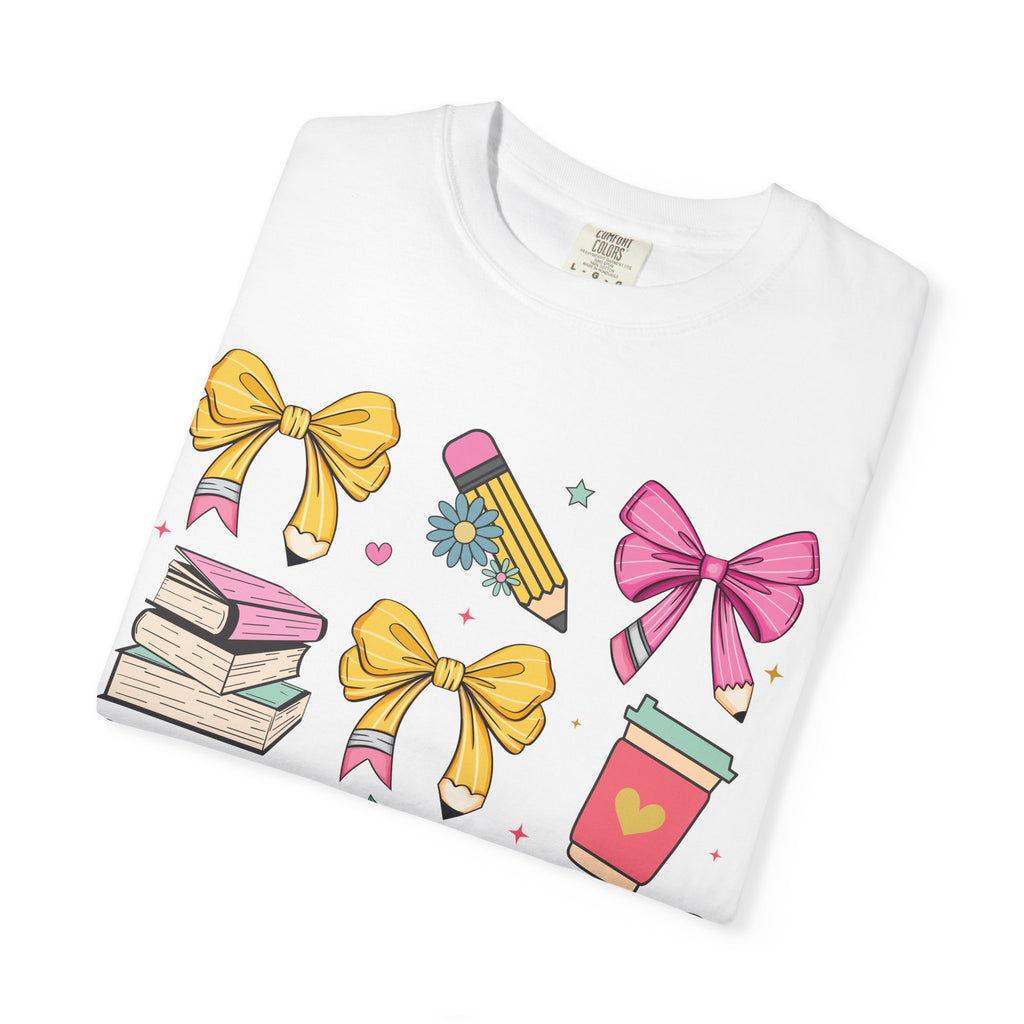 Teacher Gift T-Shirt — Cute Bows, Apple & School Icons Design