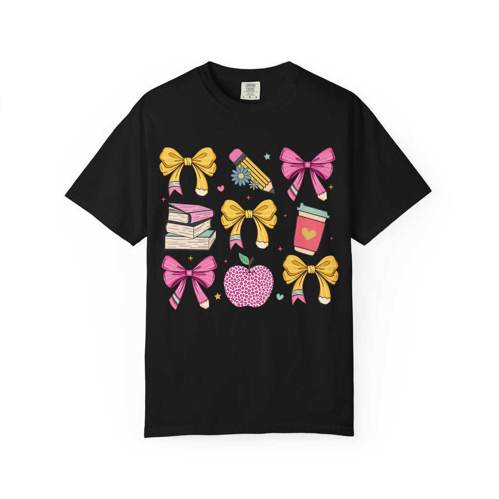 Teacher Gift T-Shirt — Cute Bows, Apple & School Icons Design