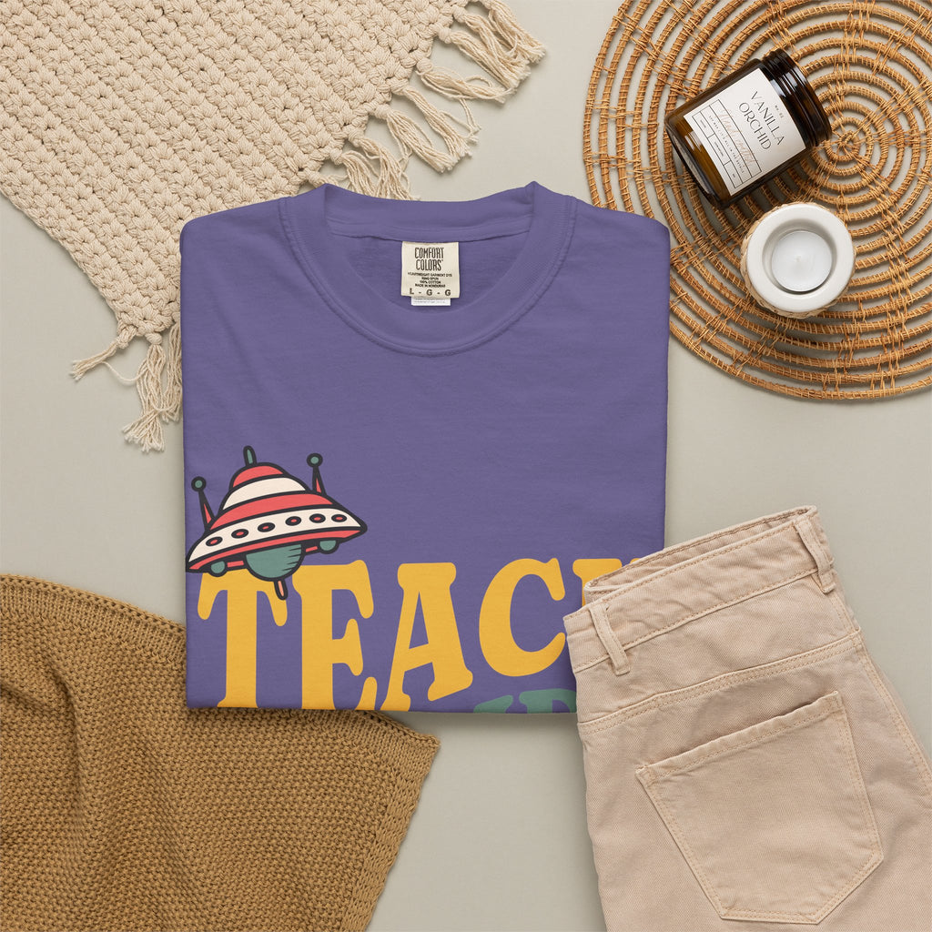 Teach Inspire Repeat T-Shirt — Retro Teacher Tee with Space Icons