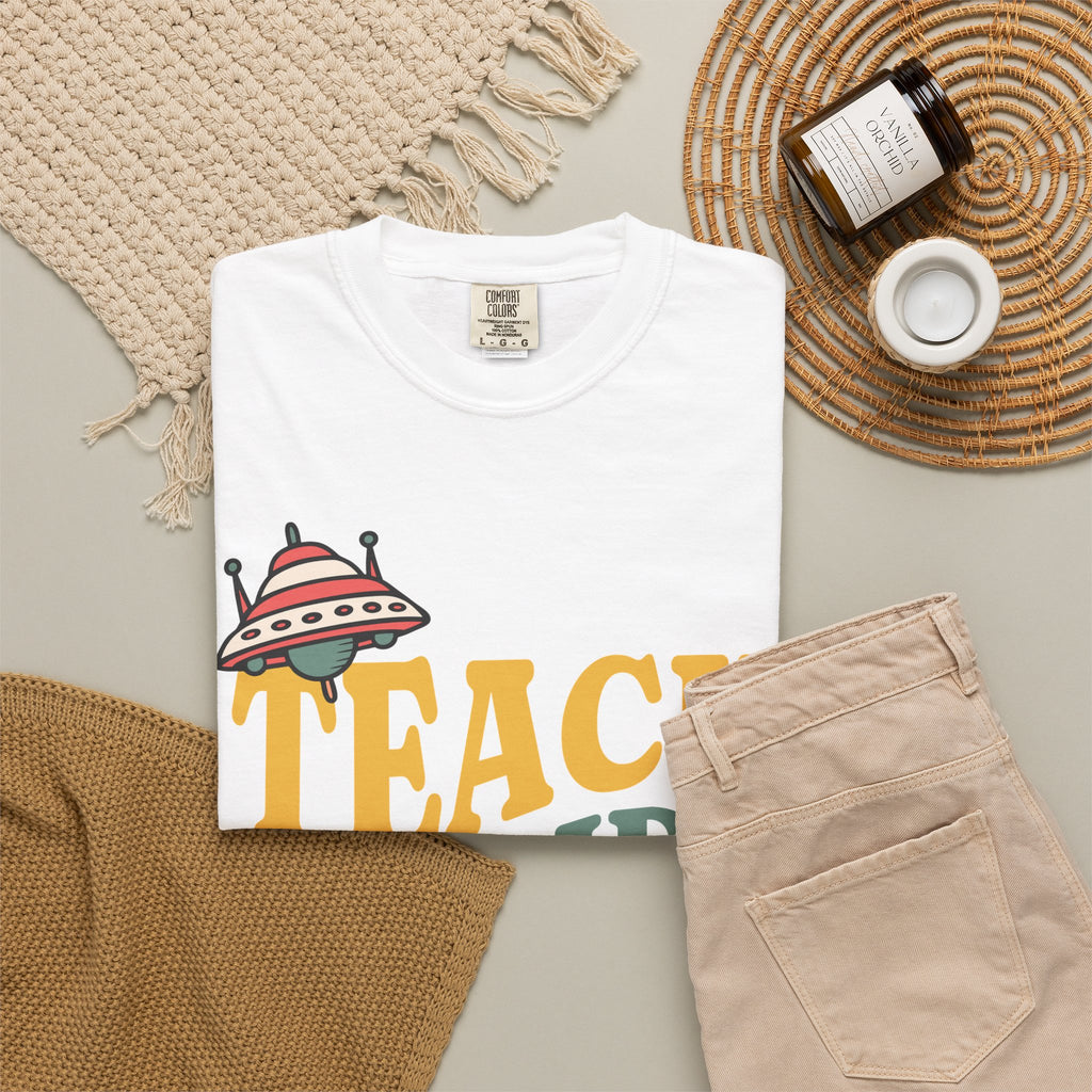 Teach Inspire Repeat T-Shirt — Retro Teacher Tee with Space Icons