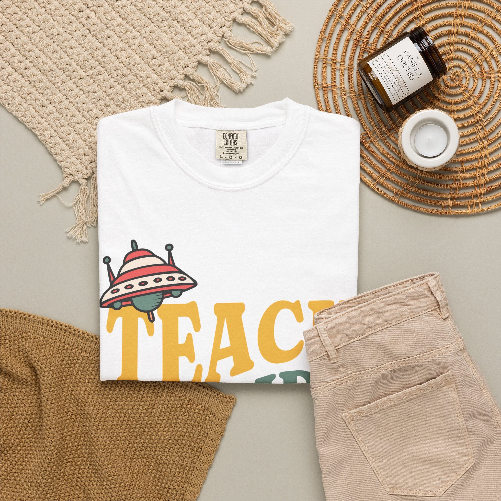 Teach Inspire Repeat T-Shirt — Retro Teacher Tee with Space Icons
