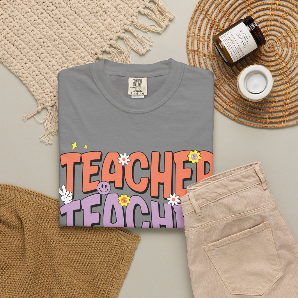 Teacher Retro Bubble Letter T-Shirt — Colorful Fun School Gift