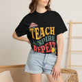 Teach Inspire Repeat T-Shirt — Retro Teacher Tee with Space Icons