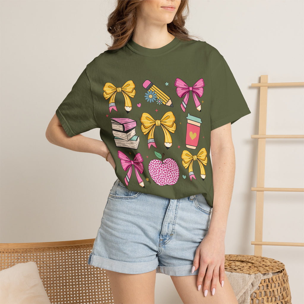 Teacher Gift T-Shirt — Cute Bows, Apple & School Icons Design