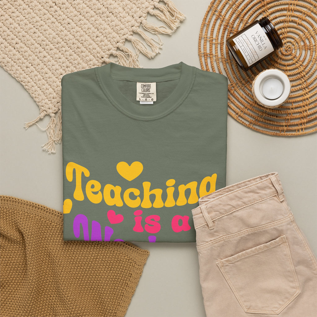 Teacher T-Shirt — "Teaching Is a Work of Heart" Retro Heart Graphic