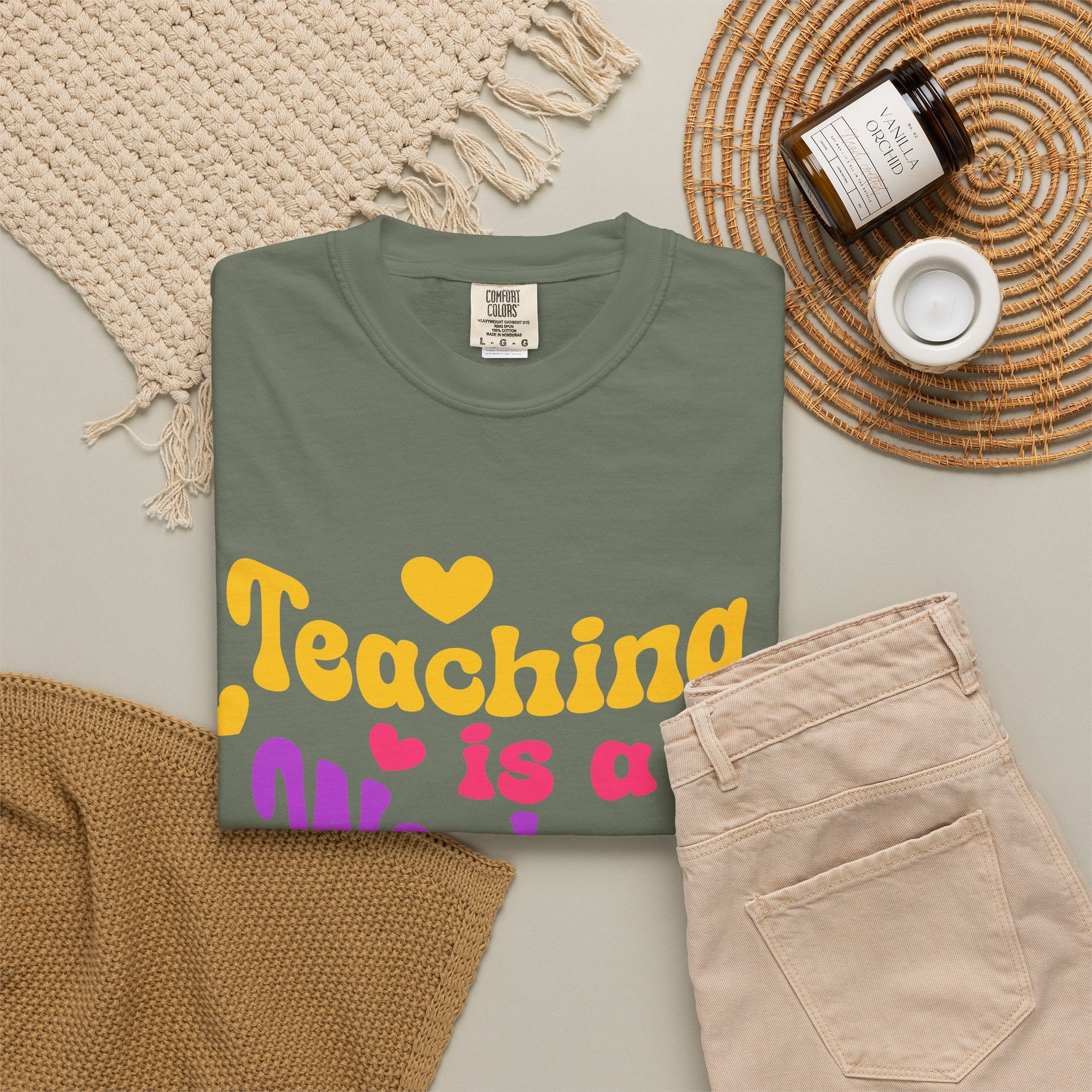 Teacher T-Shirt — "Teaching Is a Work of Heart" Retro Heart Graphic