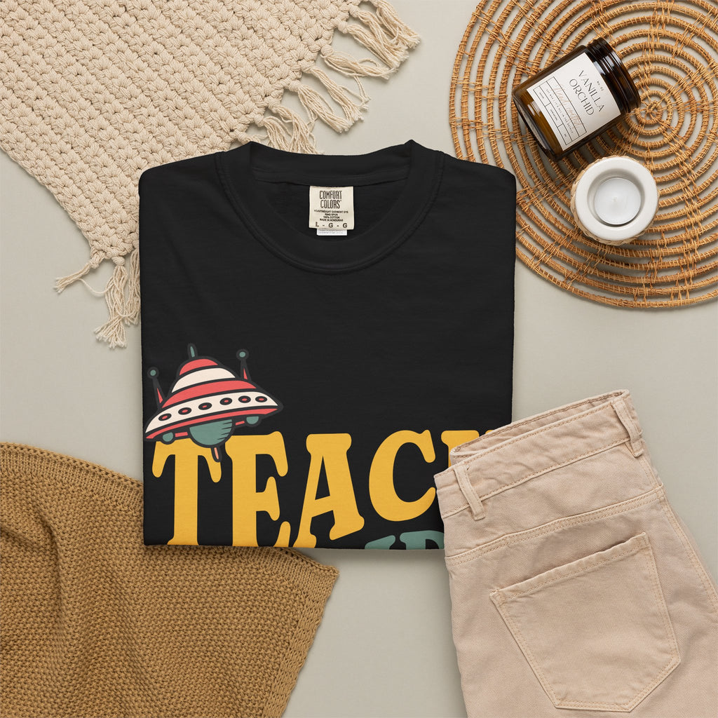 Teach Inspire Repeat T-Shirt — Retro Teacher Tee with Space Icons