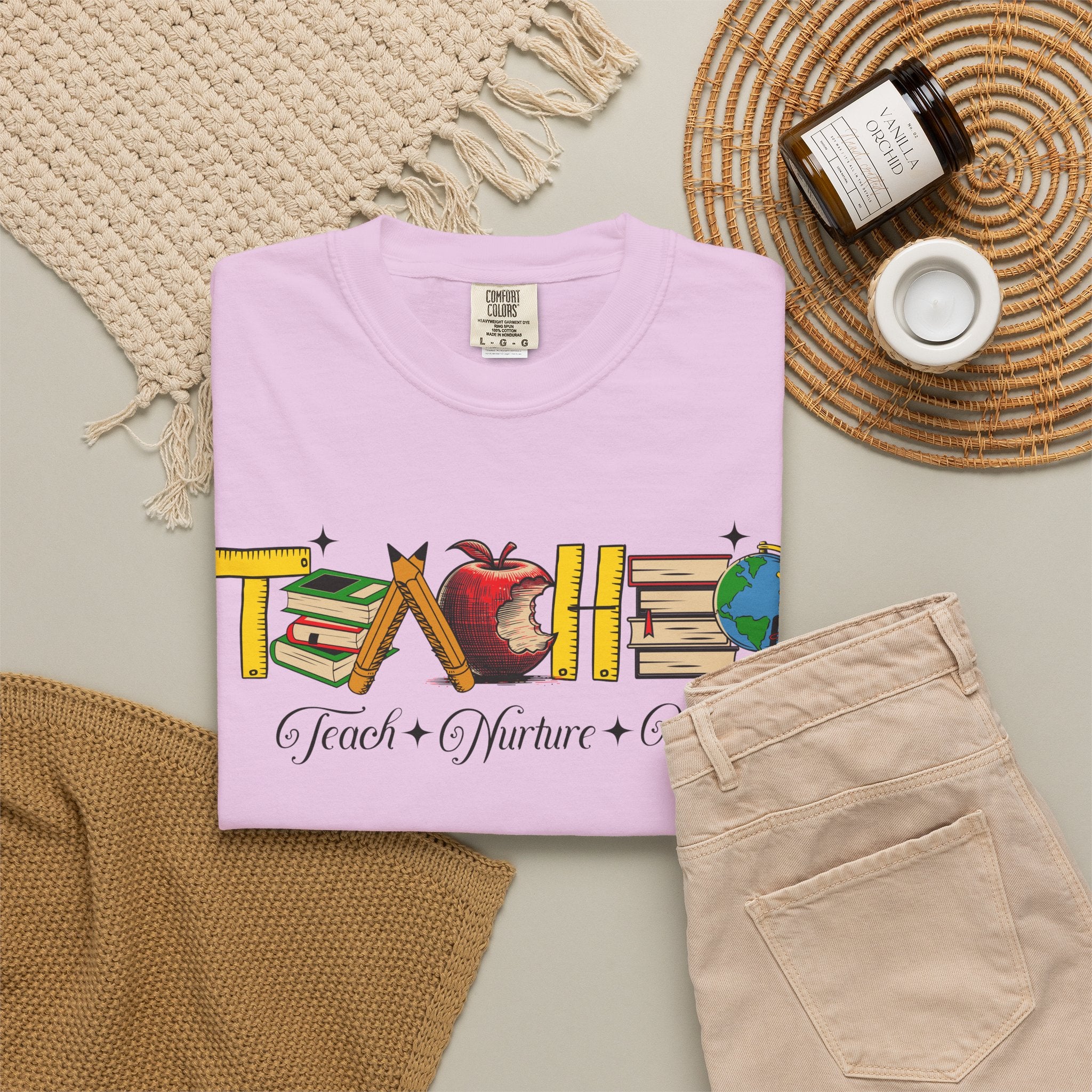 Teacher Graphic T-Shirt – "Teach, Coach, Nurture, Inspire" School Apple & Globe Design