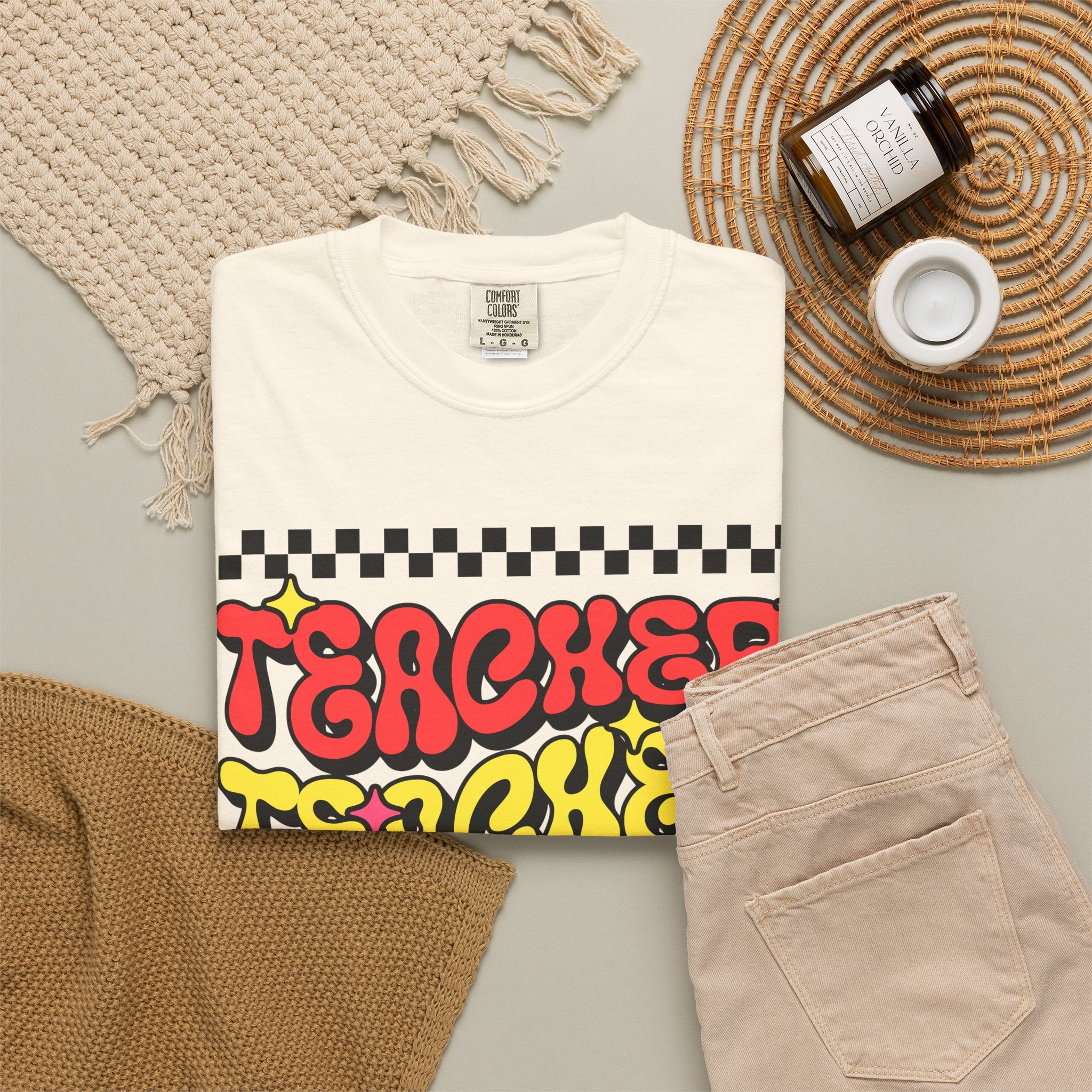 Teacher Retro Graphic T-Shirt — Psychedelic Checkerboard Design
