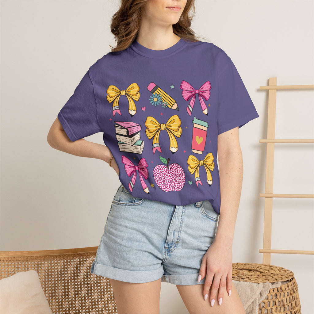 Teacher Gift T-Shirt — Cute Bows, Apple & School Icons Design