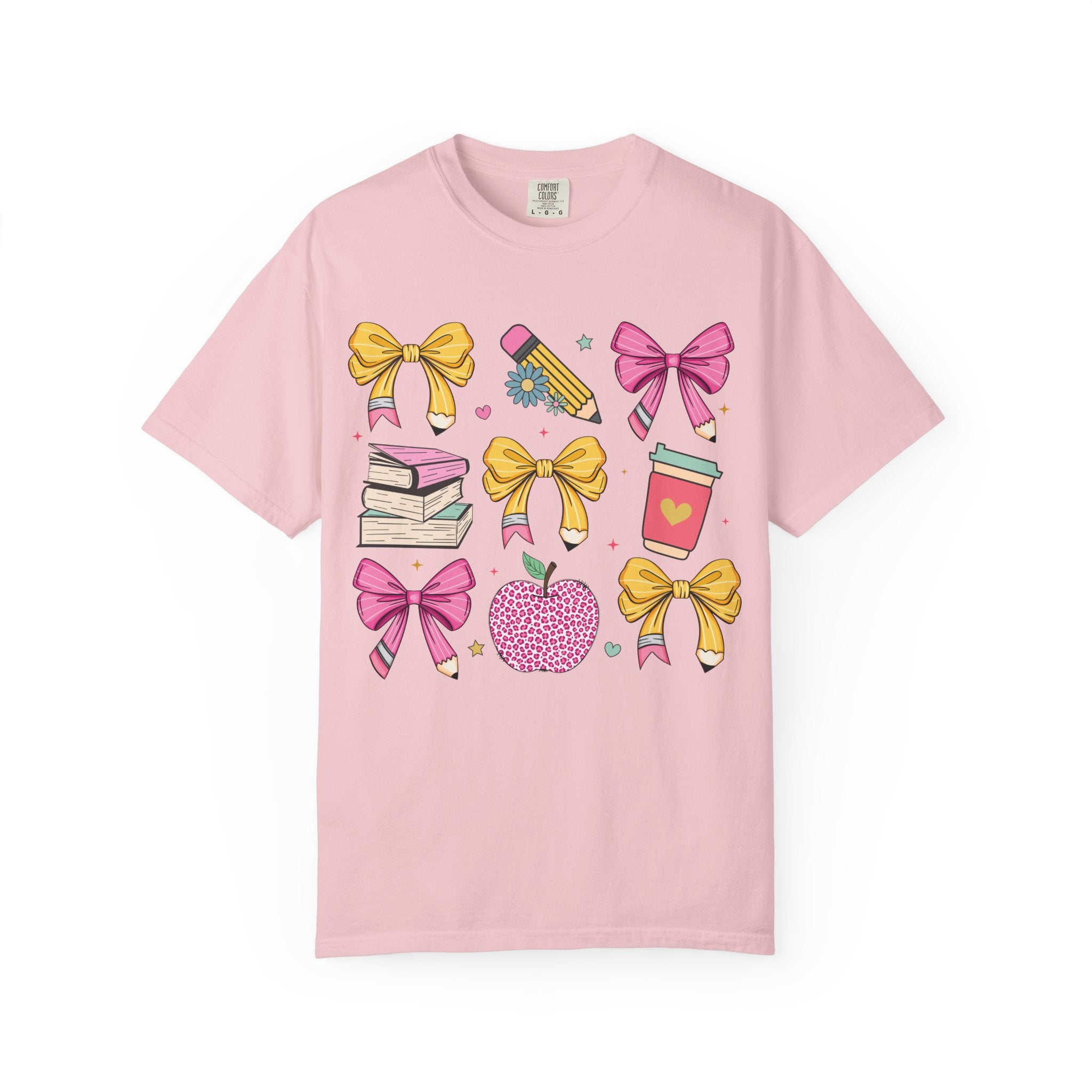 Teacher Gift T-Shirt — Cute Bows, Apple & School Icons Design