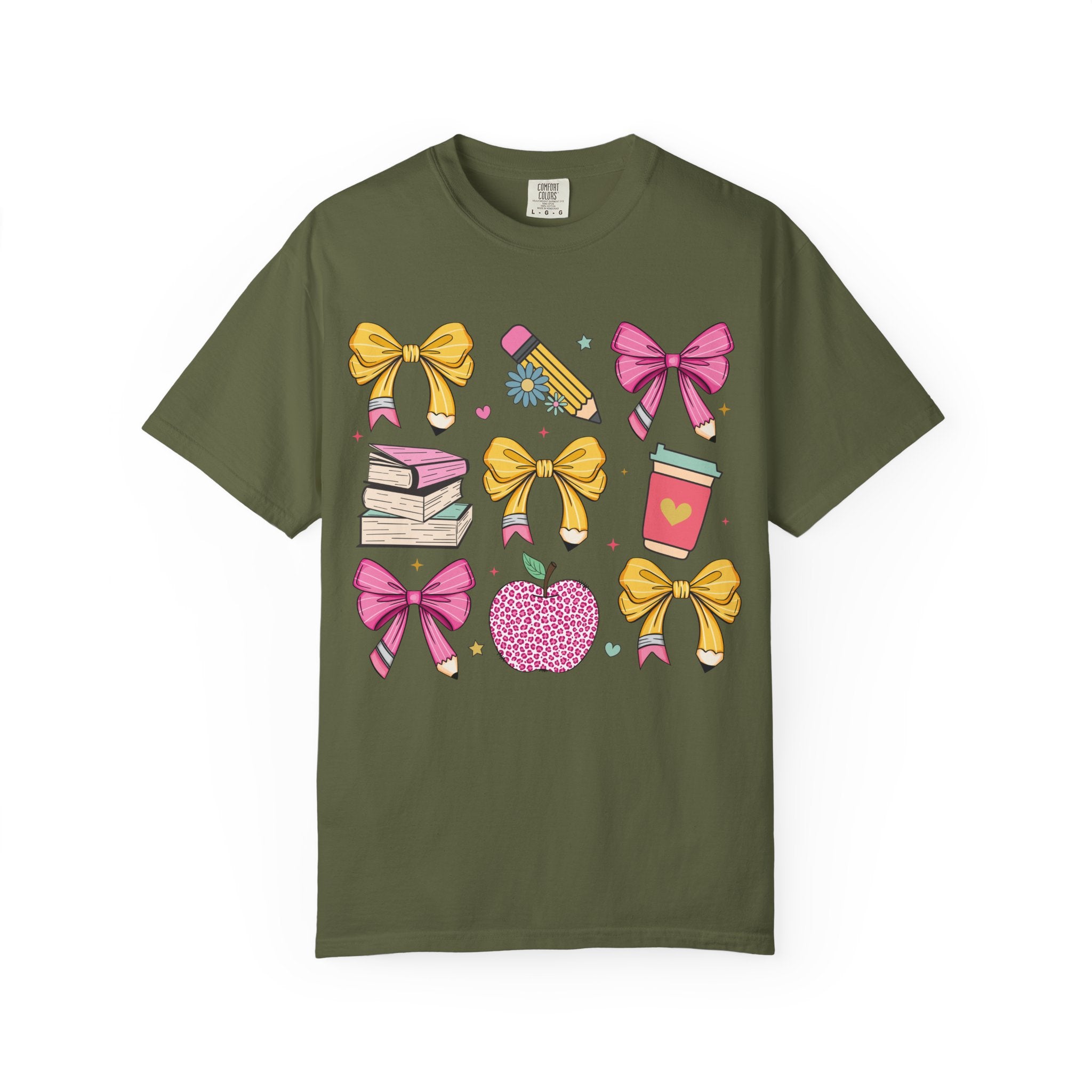 Teacher Gift T-Shirt — Cute Bows, Apple & School Icons Design
