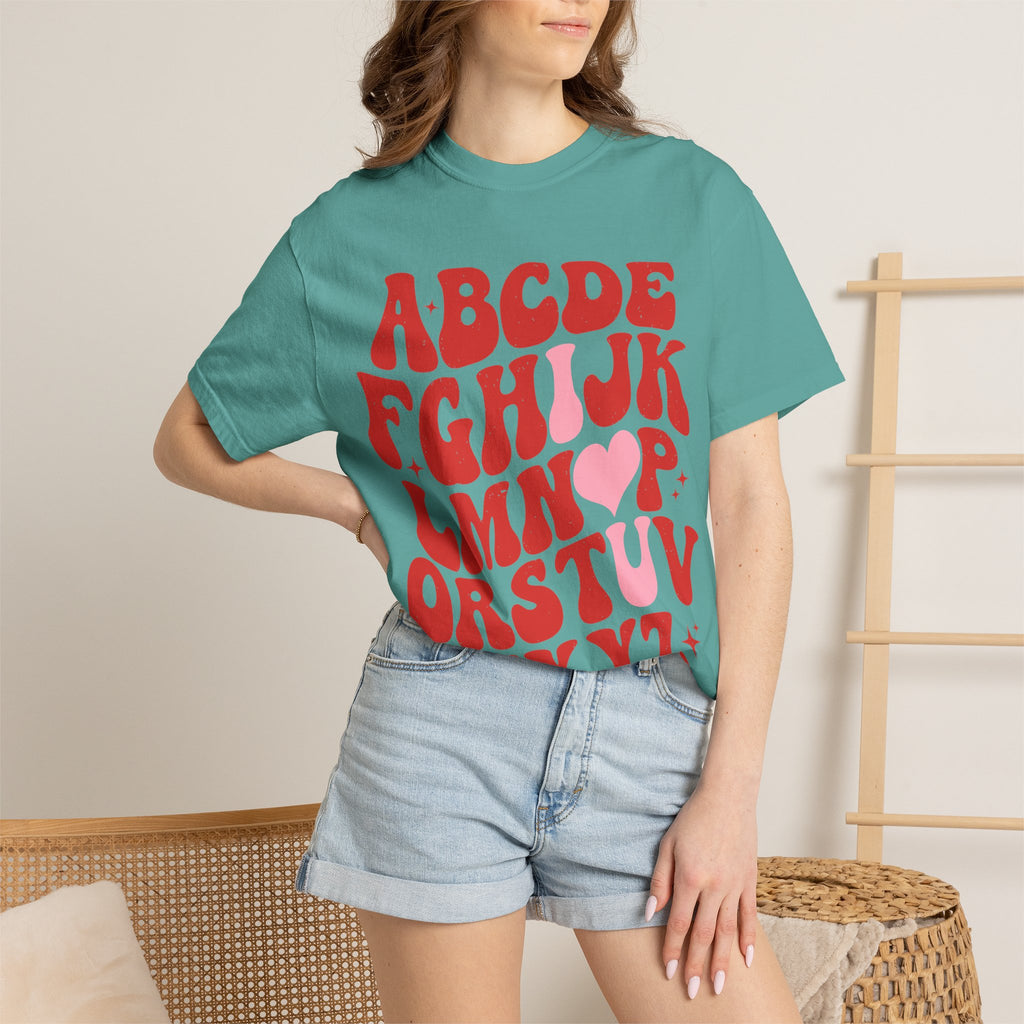Retro Alphabet Heart T-Shirt — Funky Vintage ABC Graphic Tee