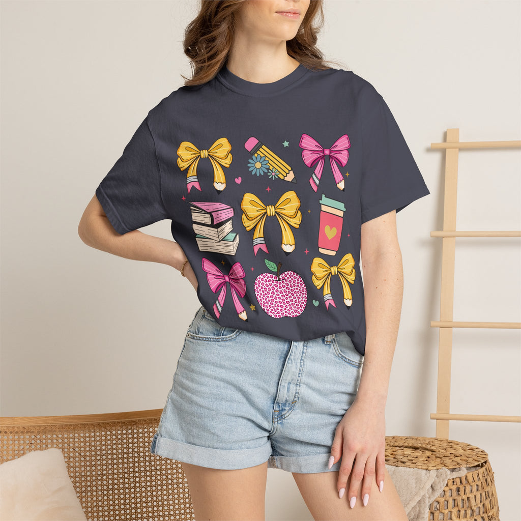 Teacher Gift T-Shirt — Cute Bows, Apple & School Icons Design